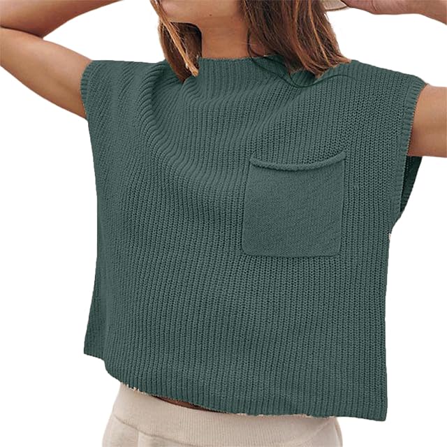 XIXIMAON Women Knitted Sweater Vest Stand Color Sleeveless Pocket Front Solid Color Tank Top Street Top Casual Loose Knit Pullover