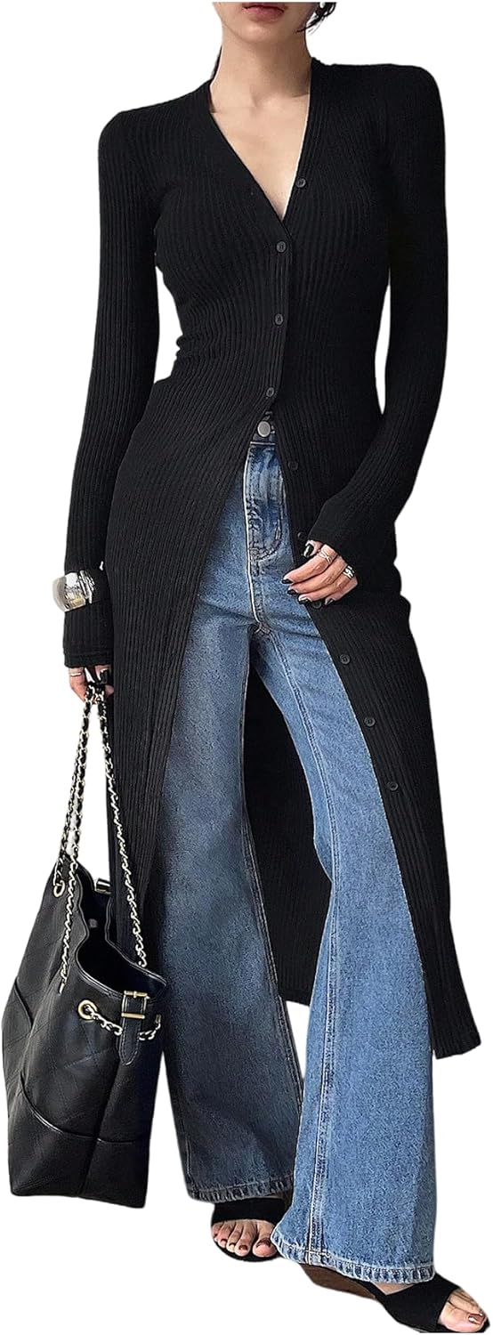 WDIRARA Women's V Neck Button Down Cardigan Sweaters Long Knit Outerwear