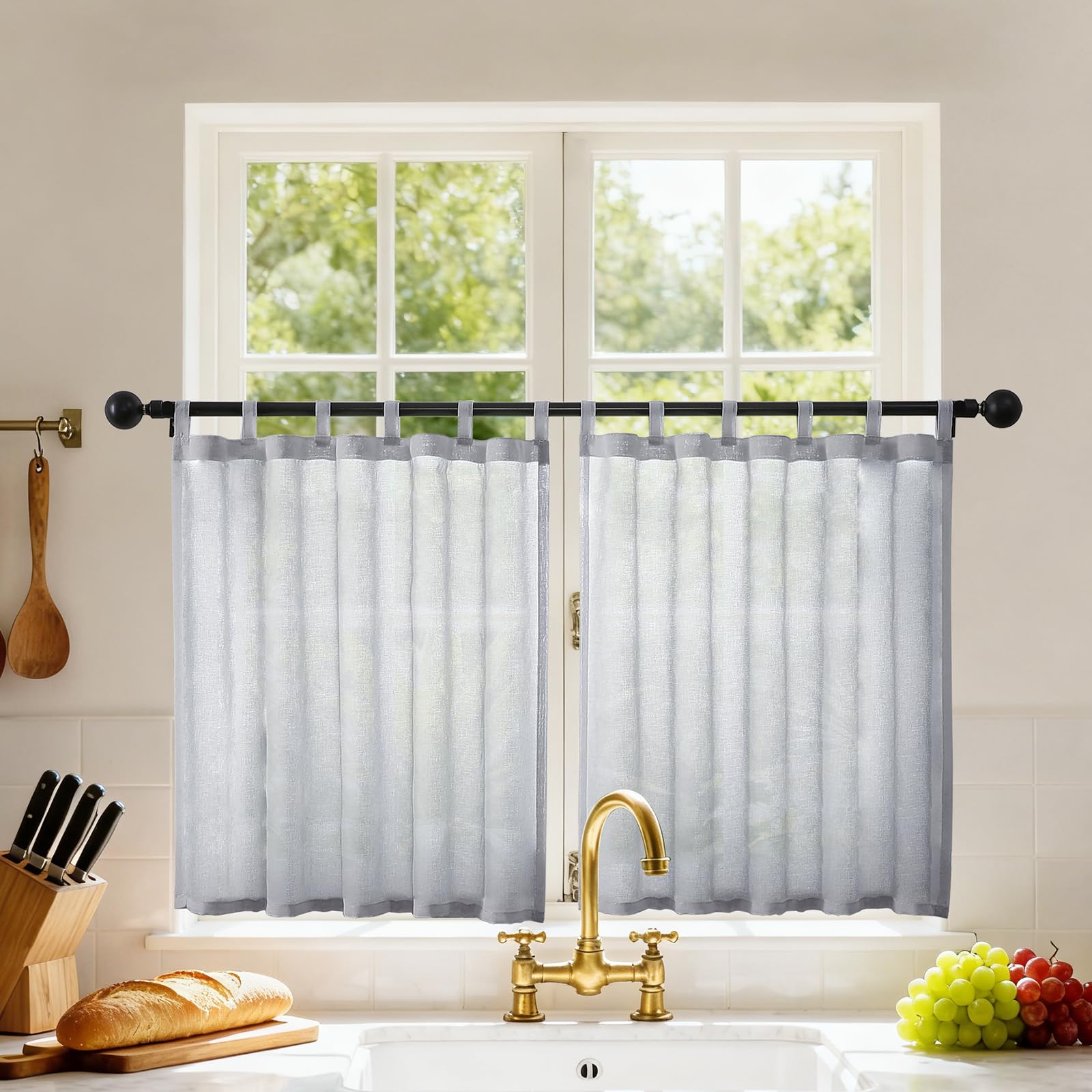 Joydeco Scheibengardinen Modern Leinenoptik Küchen Gardinen Vorhänge mit Schlaufen Voile Vorhang 2er Set H 60 x B 90 cm Transparente Küchengardinen Gardine Kurz für Wohnzimmer Wohnmobil Landhausstil