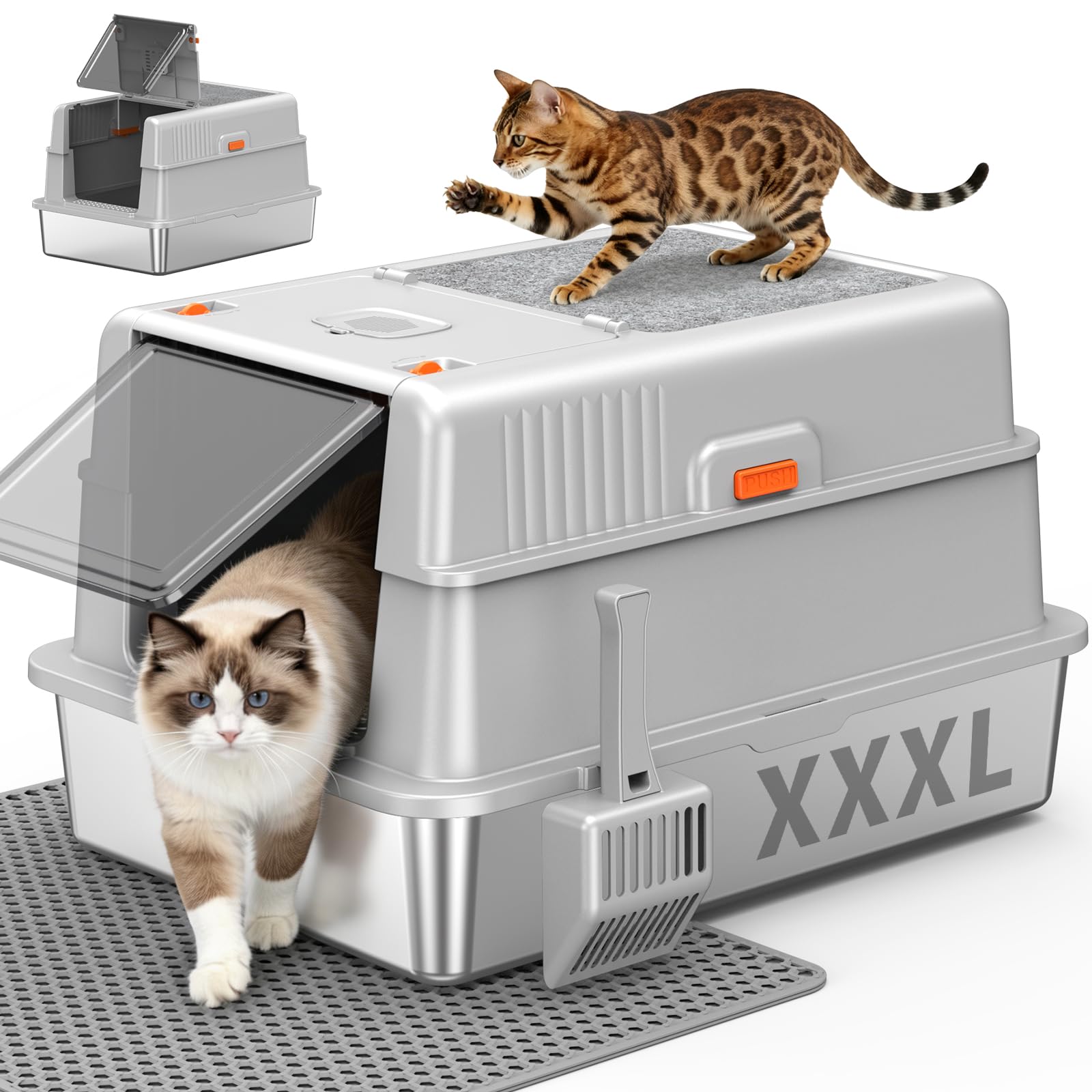 Lettiera per gatti XXXL extra large in acciaio inox chiusa con coperchio e tappetino tiragraffi superiore, doppia porta, filtro ai carboni attivi, facile da pulire, con controllo degli odori, grigio