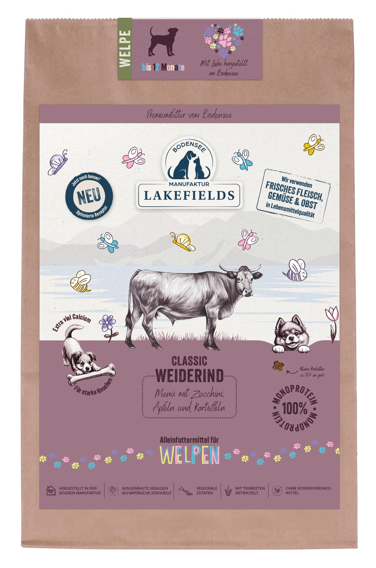 Lakefields Classic Trockenfutter für Welpen | Rind 60% | 4 x 2,5kg | Getreidefreies Welpenfutter trocken | Natürliche Zutaten in Lebensmittelqualität | Äpfel, Karotten & Zucchini | Neue Rezeptur
