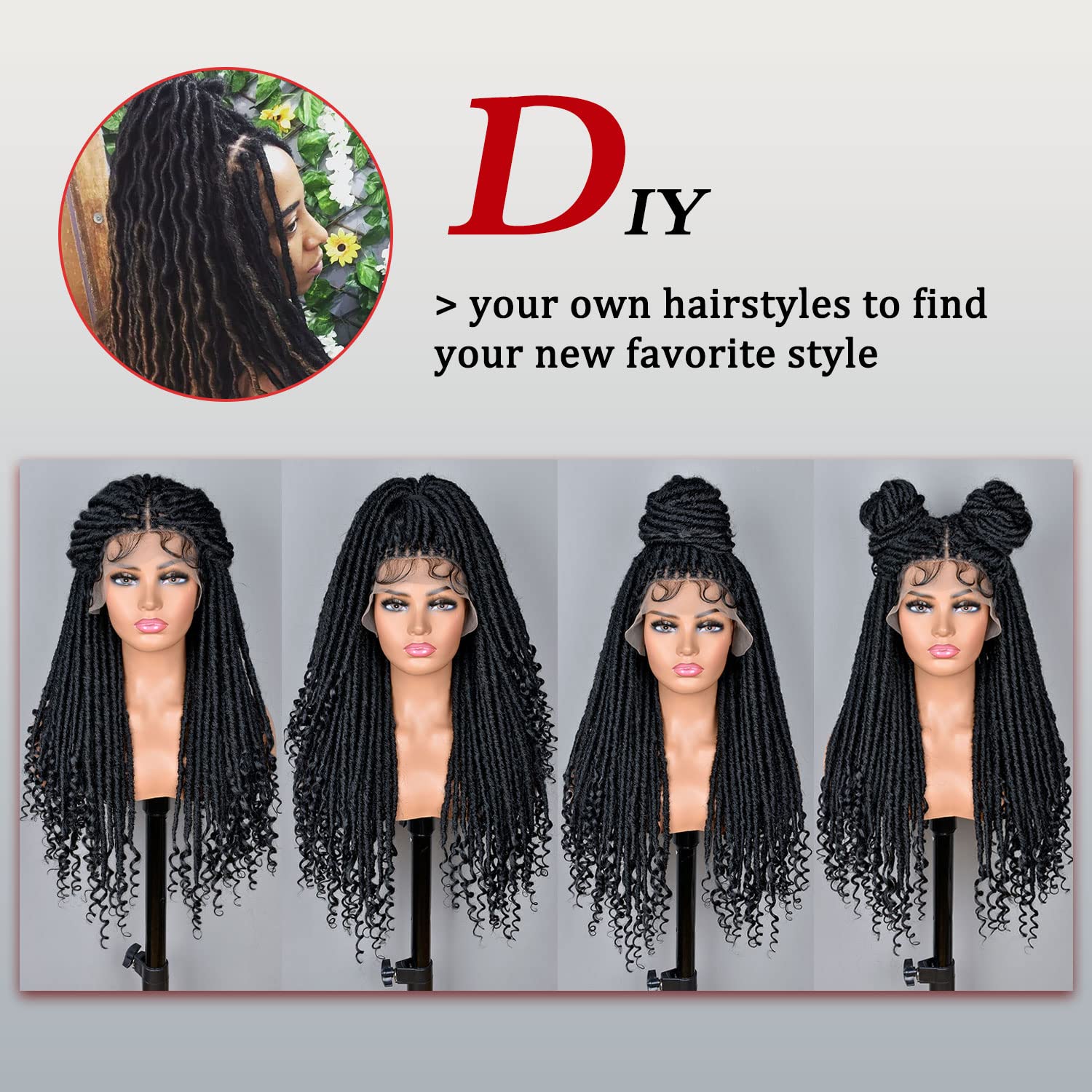 RunM Faux Locs Wigs for Black Women Straight Goddess Locs with Curly Ends Braided for Black Women Full Double Lace Curly Goddess Faux Wig(1B/30)