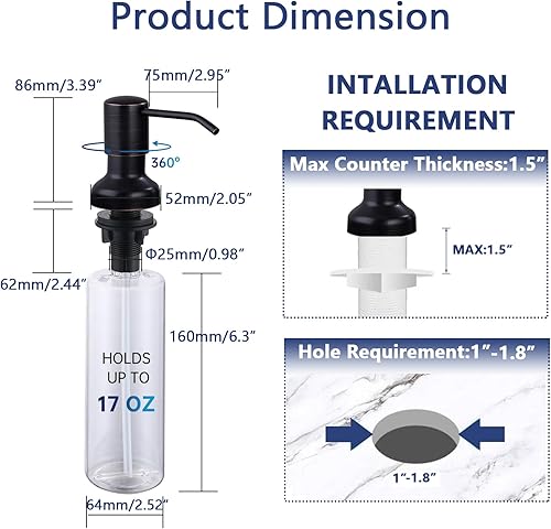 Miniatura 9 de Dispensador de jabón integrado para fregadero de cocina, cabezal de bomba de acero inoxidable con boquilla larga de material PET de 17 onzas,