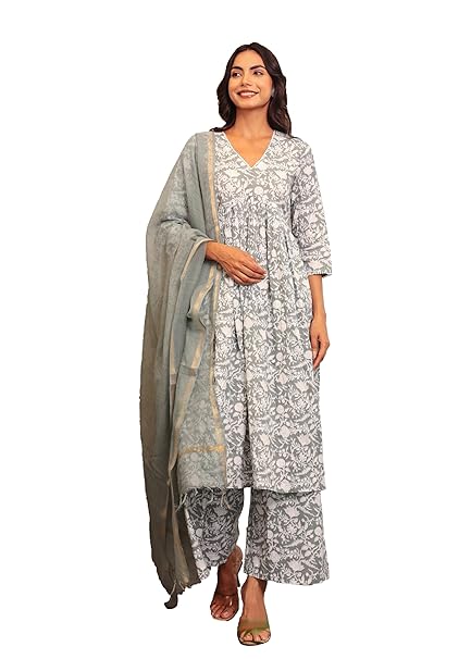 LABEL ADRIJA Women's Block Print Cotton V Neck Anarkali Kurta with Pant and Dupatta Suit Set