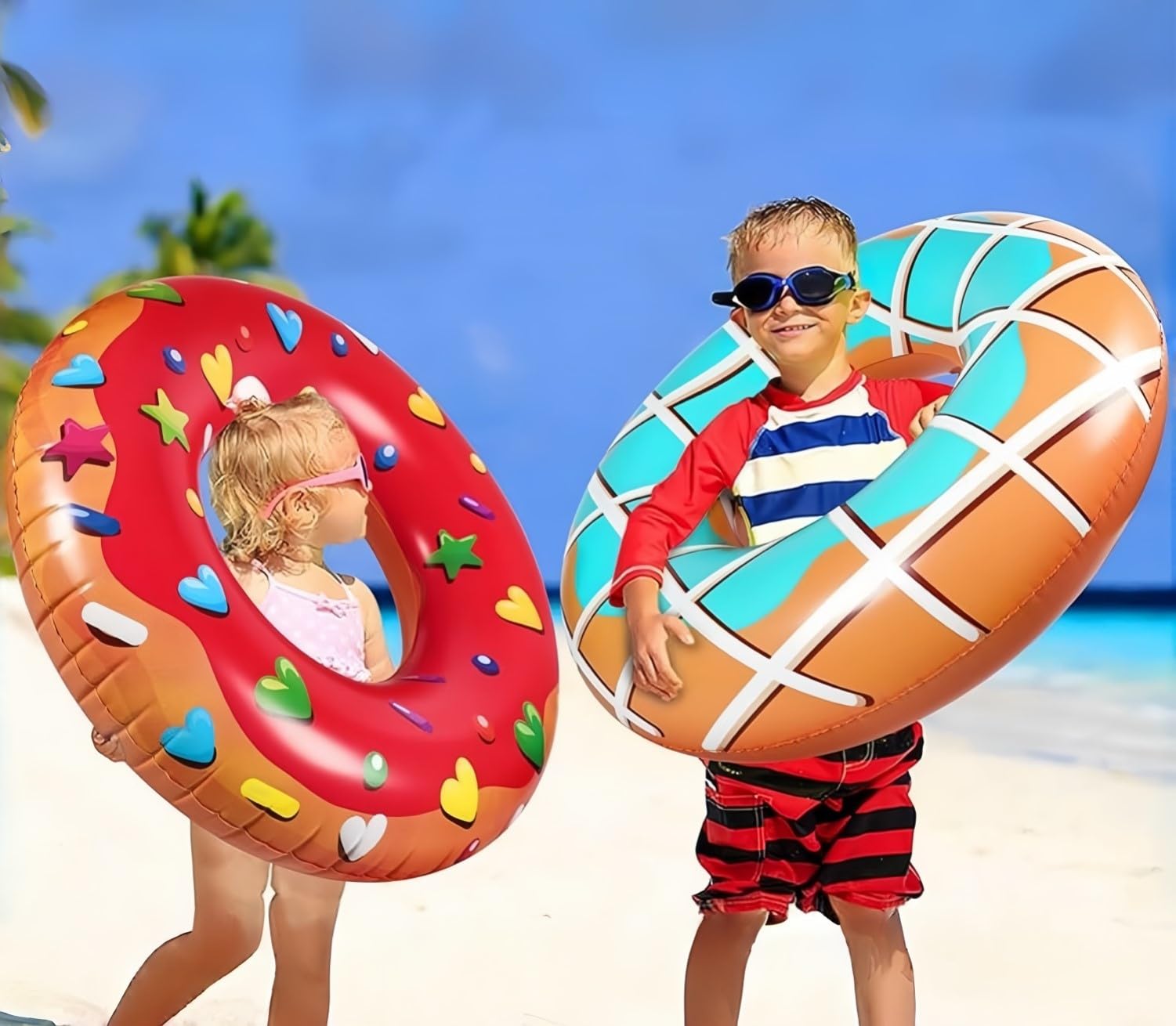 LATERN 5 Pièces Donut Flotteurs Gonflables de Piscine, 4 Pièces 75CM Anneaux de Natation en Forme de Beignet avec 35CM Ballons de Plage pour Enfants Adultes Plage Natation Piscine Fête