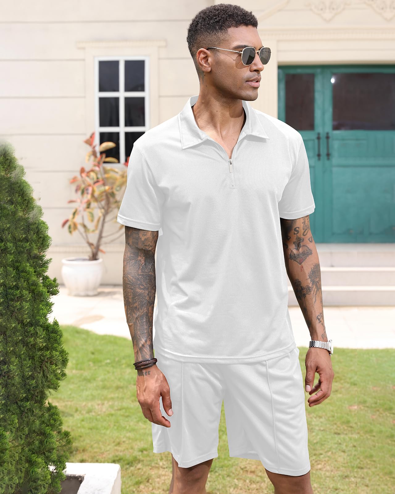 PRIVIMIX Herren Trainingsanzug Sommer Sportanzug 2 Teiliges Kurzarm T-Shirts Polo Jogginganzug Hemd Set Kurze Business Hose Freizeitanzug