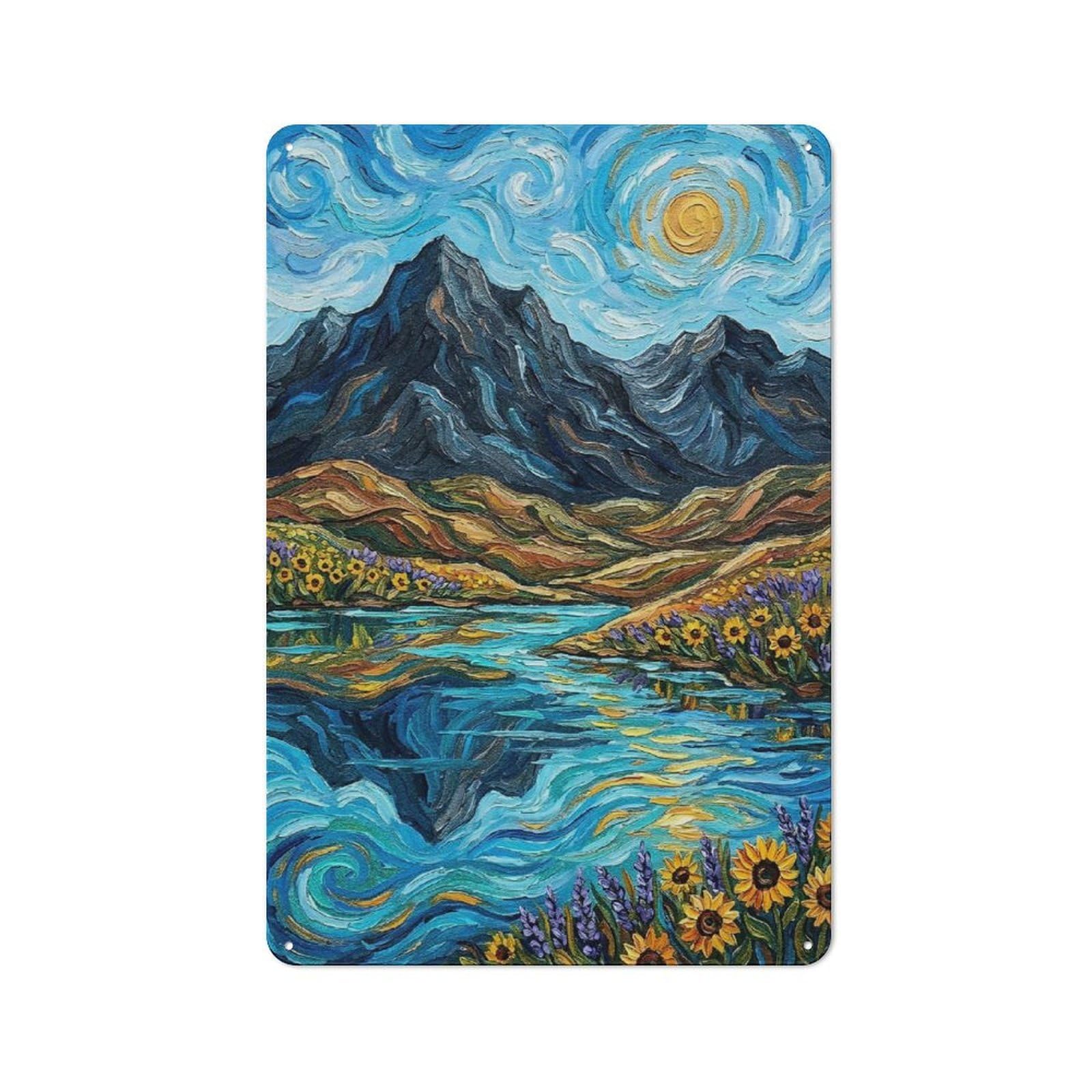 Junmoney Style-17 Impressionistic Mountain Landscape With Lake Retro Metal Wall Decor 30X20cm, Metal Sign For Bar, Kitchen, Garage Or Games Room