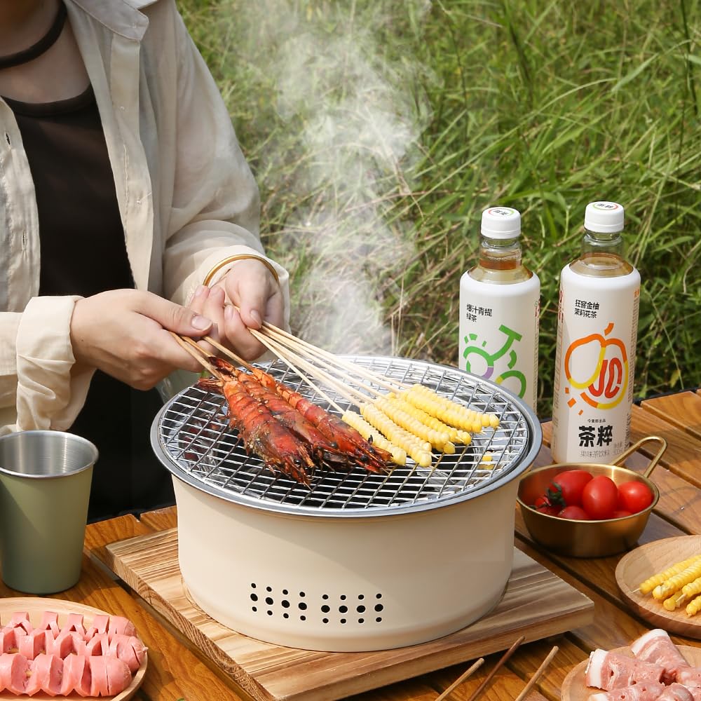 SANQIAHOME Parrilla portátil de carbón de acero inoxidable, antiadherente, redonda, barbacoa o olla caliente, agua hirviendo, estufa de carbón para fiesta en casa, campamento al aire libre