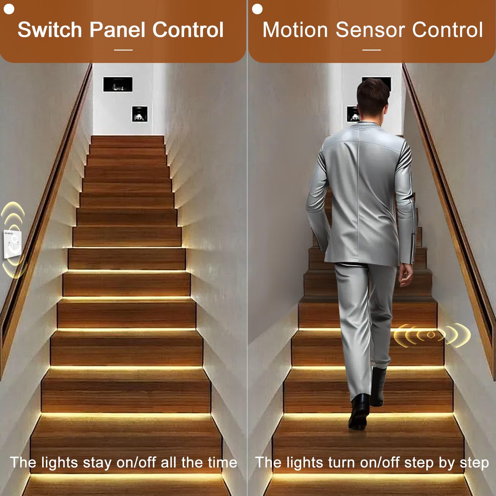 Iluminación Escalera Inteligente 16 Escaleras, Detector de Movimiento PIR e Interruptores De Pared Inalámbricos, Kit LED COB 3000K, Iluminación LED Escalera Interior Segura