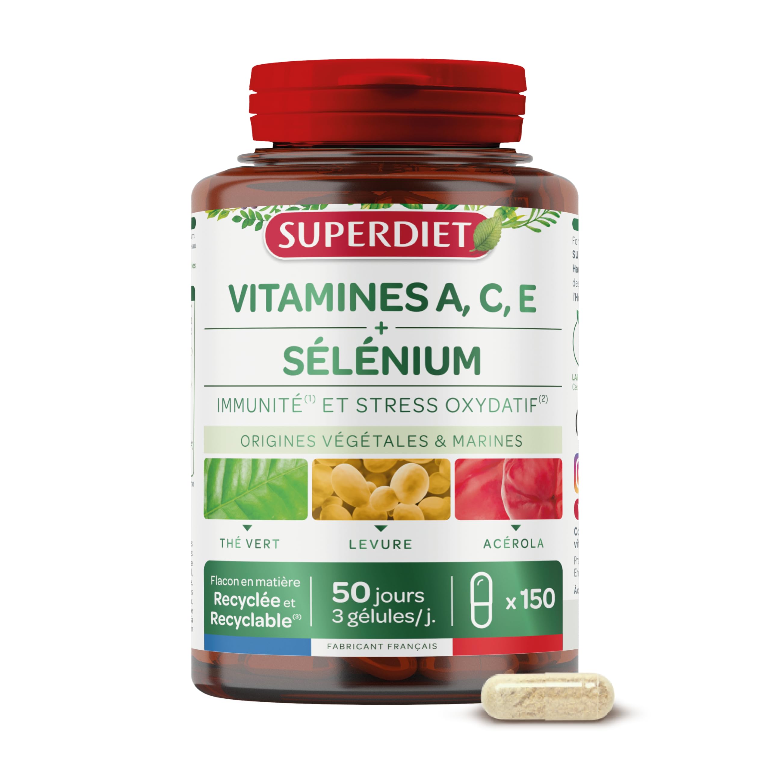 SUPERDIET - VITAMINE A,C,E ET SÉLÉNIUM – Immunité et Stress oxydatif – Nutrithérapie – Fabrication Française – 150 gélules