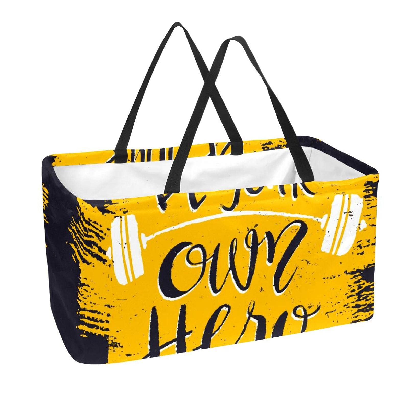 Yellow Quote Be Your Owe Hero Shopping Basket with Long Handles for Groceries Boutique Retail Store Heavy Duty Tote 50L Large Capacity Portable