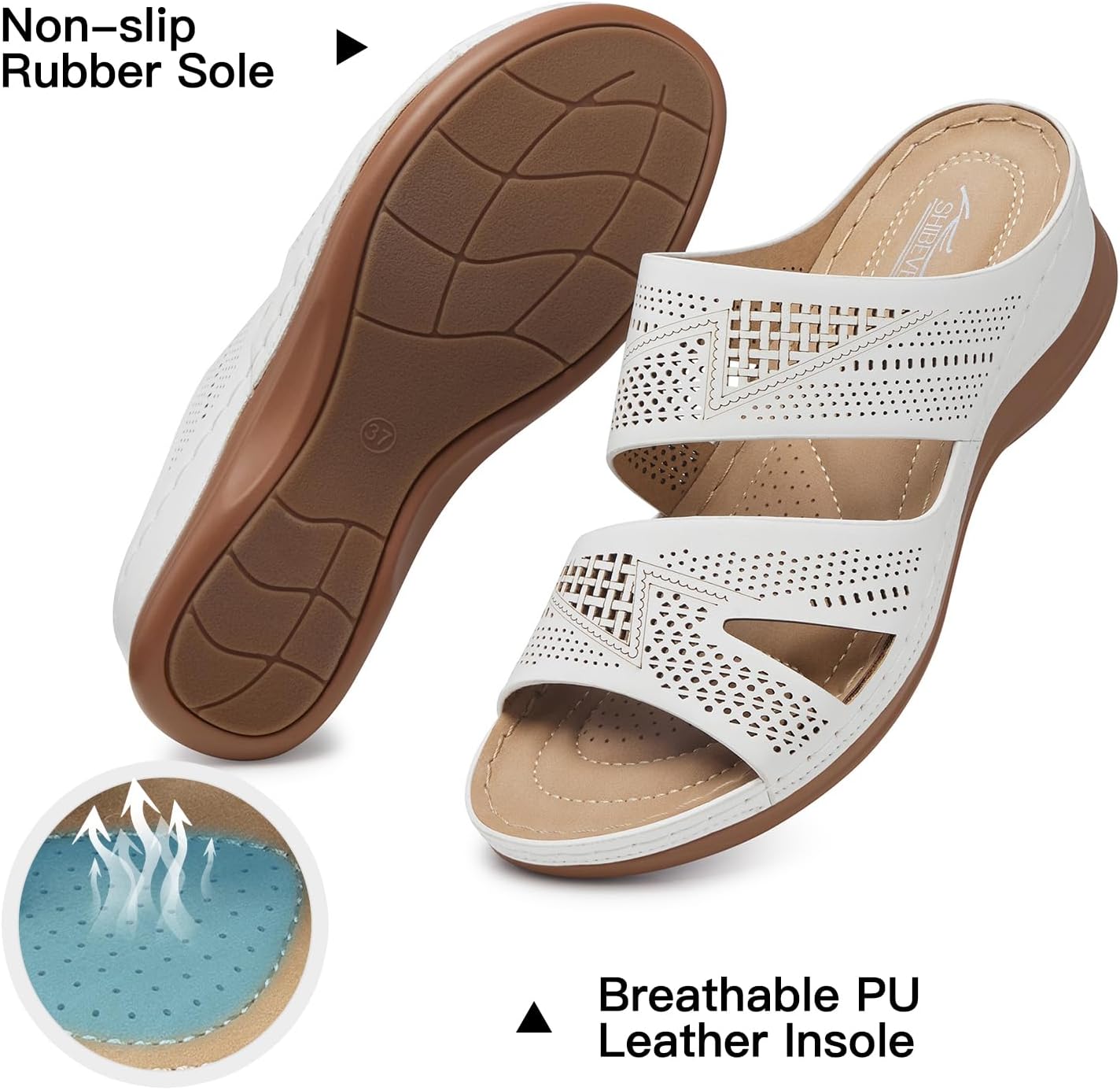 SHIBEVER Wedge Sandals for Women Dressy: Comfortable Summer Casual Walking Sandals - Slip On Open Toe Low Wedge Shoes White Size 7 - Image 3