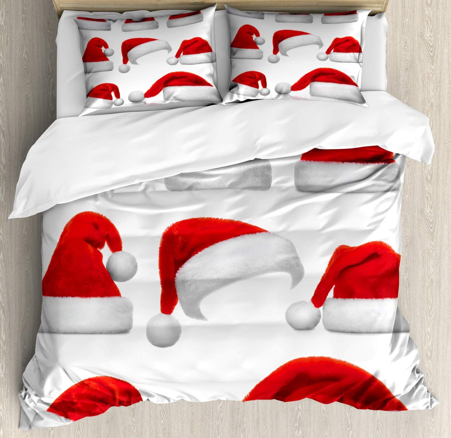 Ambesonne Christmas Duvet Cover Set, Classical Santa Claus Hats Xmas New Year Celebration Tradition Party Theme, Decorative 3 Piece Bedding Set with 2 Pillow Shams, Queen Size, Red and White