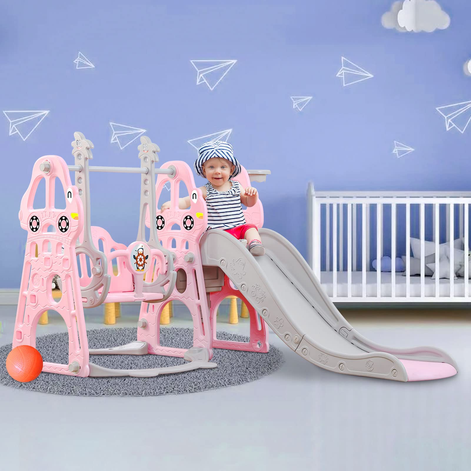 Kinderrutsche 3-in-1 mit Schaukel, Basketballkorb für Mädchen | Babyrutsche, Indoor Outdoor Spielplatz, Gartenrutsche, Kinderzimmer, Bewegungsförderun