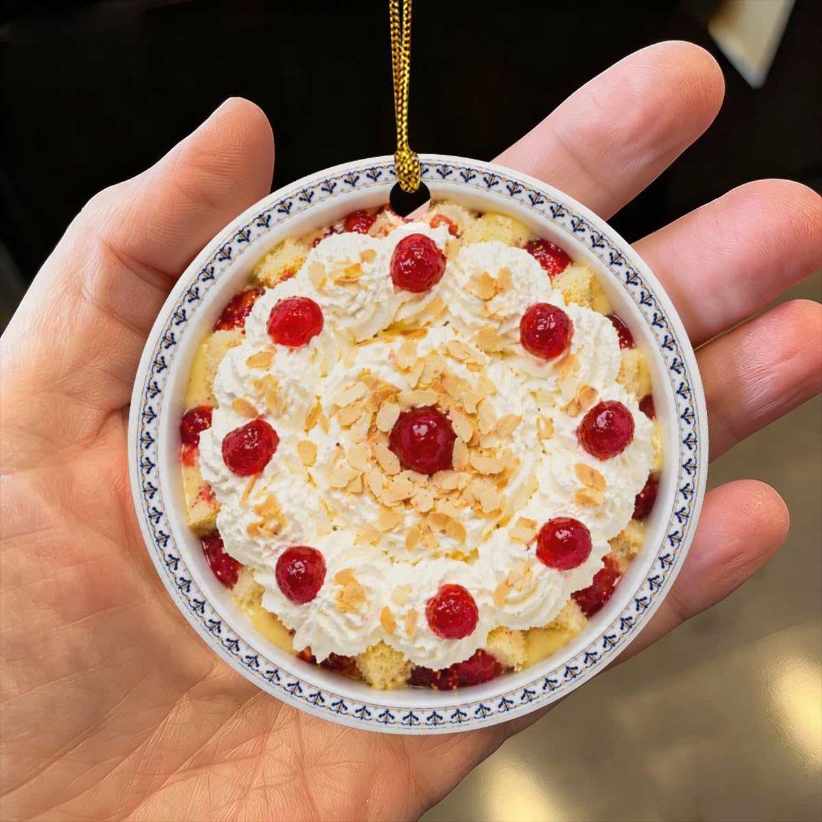 GB Strawberry Trifle Sponge Cake, Whipped Cream & Strawberries, British Dessert Personalized Food Flat Printed Image on Ceramic Ornament – NOT 3D, Custom Text Back, Christmas Ornament