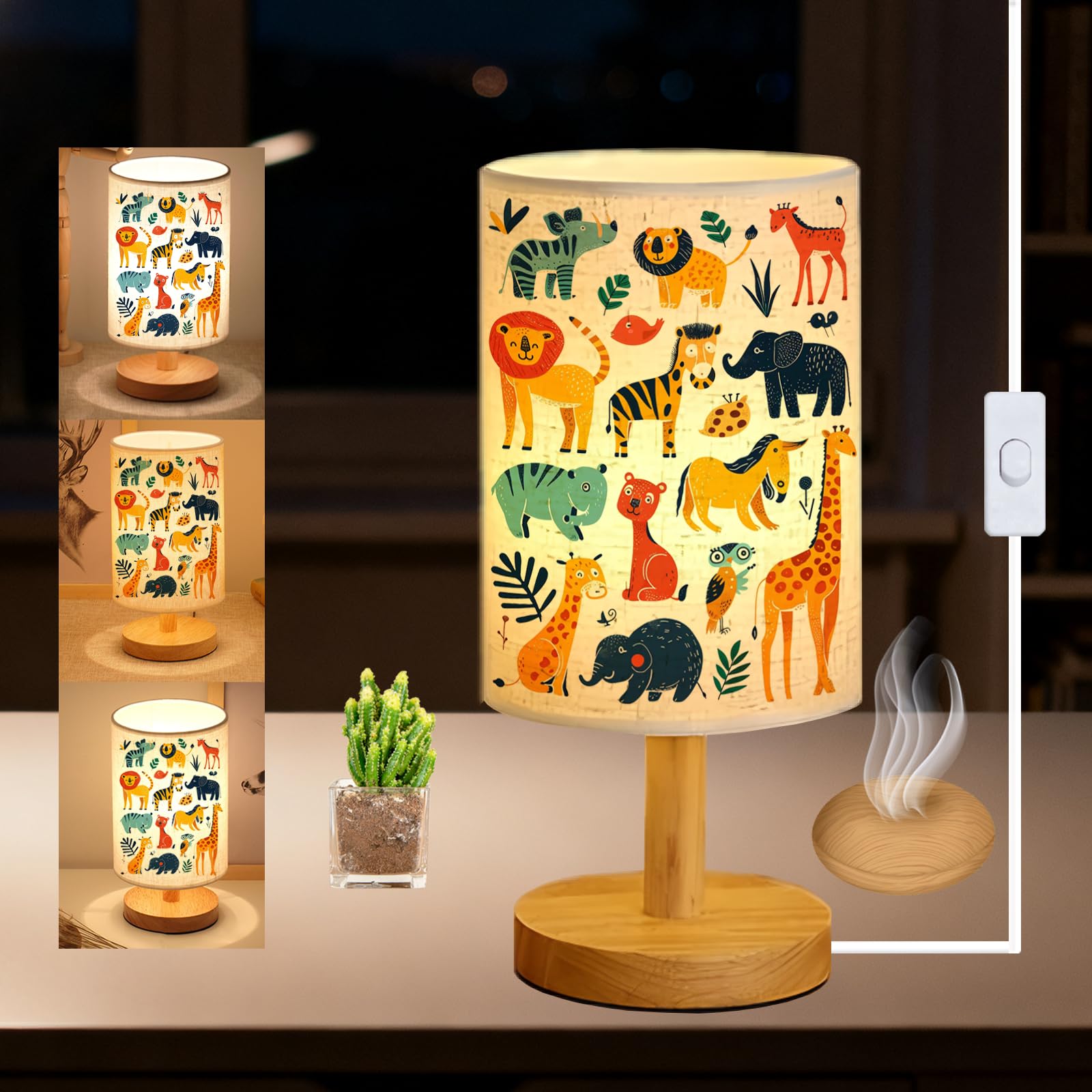 Safari Animal - Lámpara de mesa de noche para niños, 3 colores con base de madera, pantalla redonda de tela de lino, lámpara de lectura para escritorio, decoración de habitación de niñas y niños