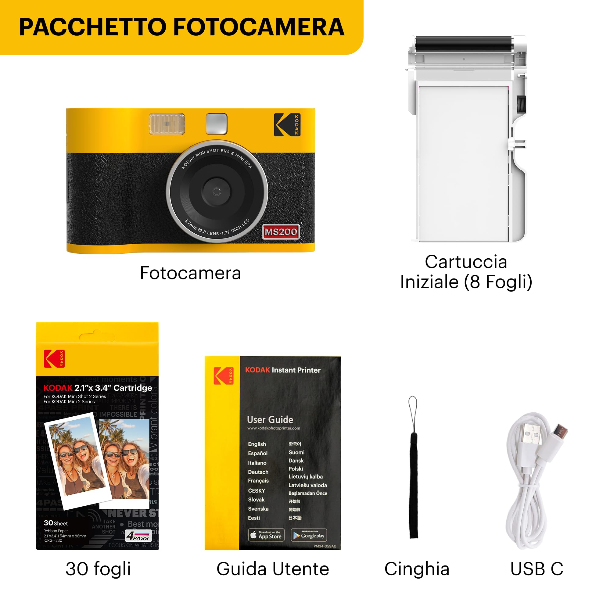 KODAK Mini Shot 2 Era 4PASS 2-in-1 Fotocamera Istantanea & Stampante Fotografica (Fotocamera Istantanea + 8 Fogli inclusi + Pacchetto 30 Fogli, Nero)