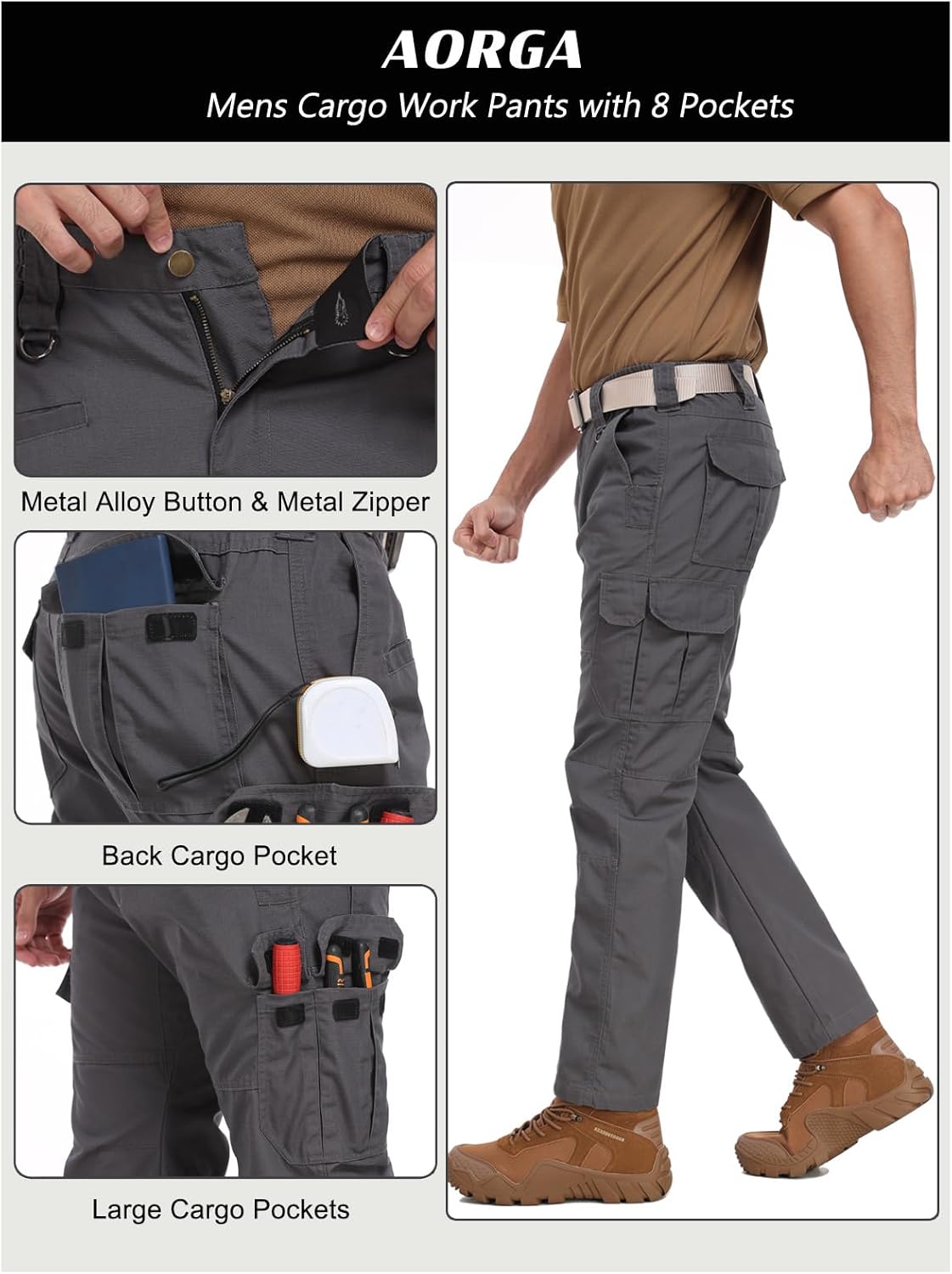 Mens Work Pants Water Resistant Elastic Waist Outdoor Breathable Cargo Tactical Pants with 8 Pockets - Image 6