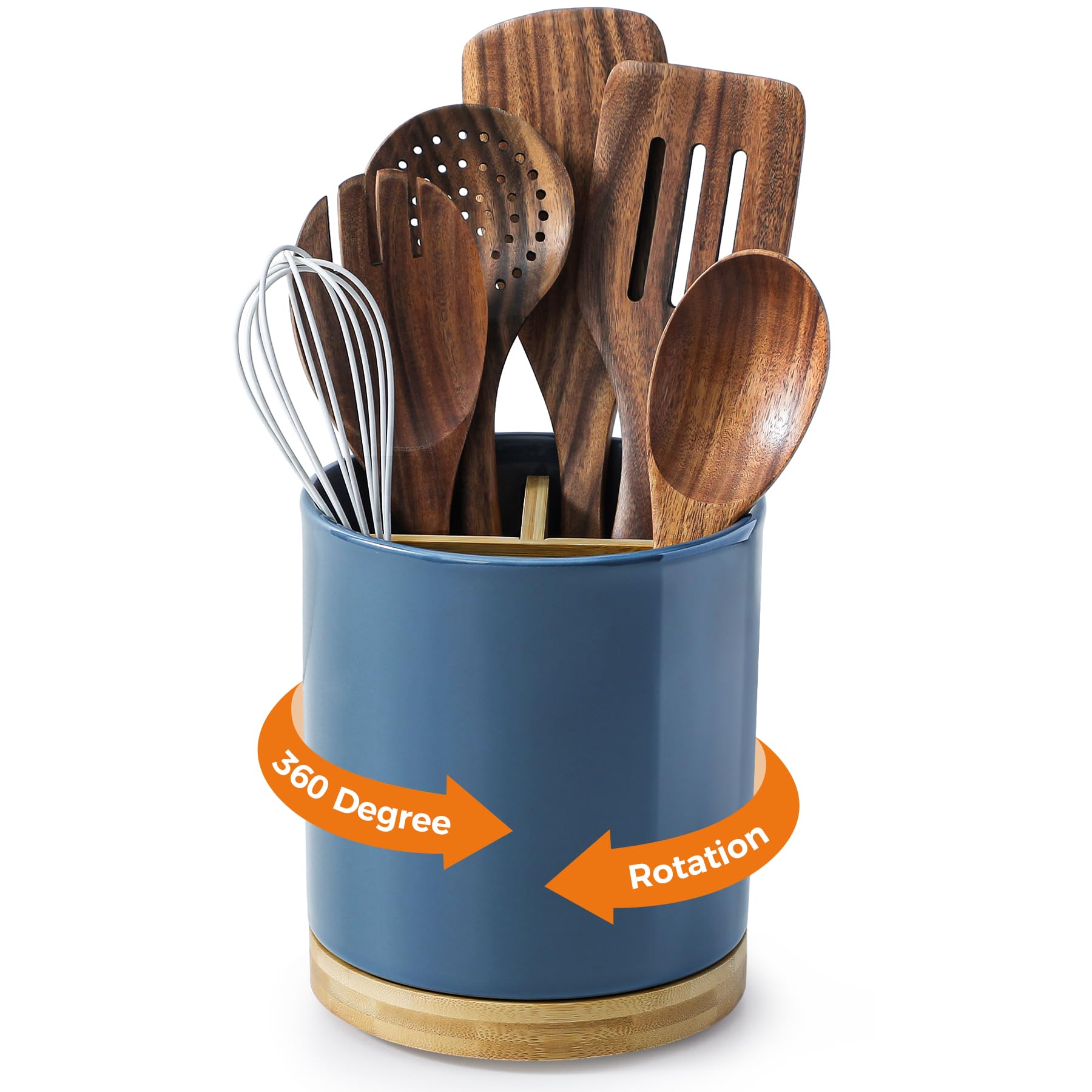 LoeJan 3 Compartment Utensil Holder, Extra Large Utensil Crock, Stable Ceramic Utensil Organizer, Cooking Tool Organizer Set for Kitchen Counter Farmhouse Decor, Blue