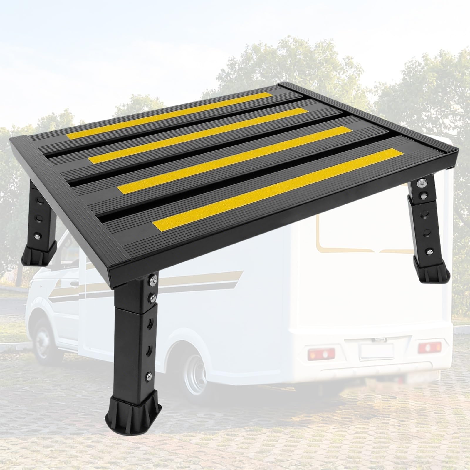 Składany Podnóżek do Kampera 43,7 x 33,5 cm Aluminiowy, Antypoślizgowy Stopień, Regulowana Wysokość, Ladowność 200 kg do Przyczepy Kempingowej