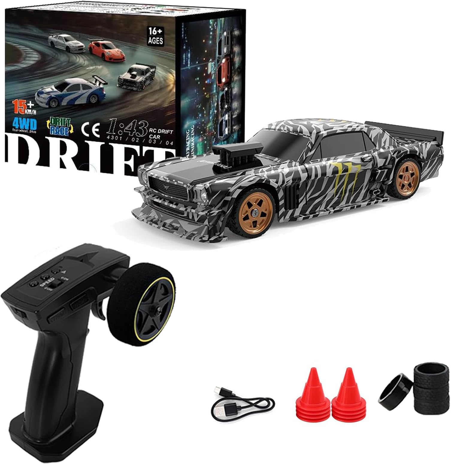 1/43 Drift RC Car, Drifty Boyz RC Mini Car for Adults High Speed, Throttle & Steering Full Proportional Control, RTR 2.4Ghz Remote, Simulate LED Car Light, 2 Sets of Tires, 8 Road Cones (White black)