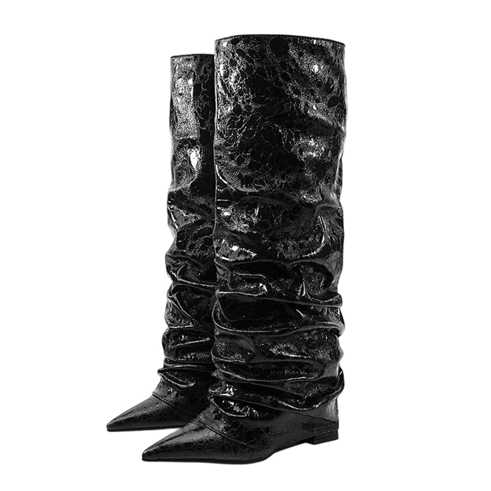 Alloaone Womens Pleated Knee High Boots Pointed Toe High Heel With Turned-Over Edge In Black Or Leopard Print