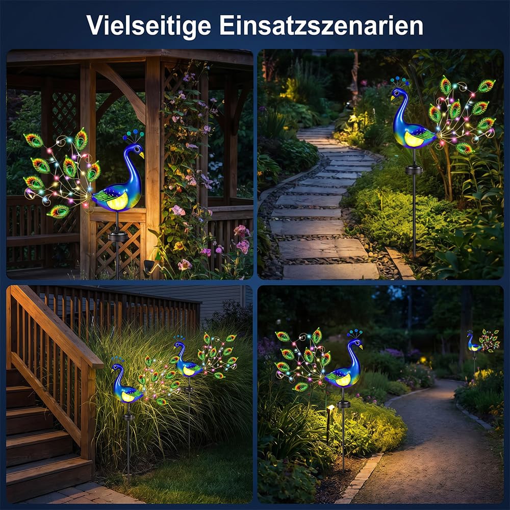 Solar Gartenstecker, Solar Vogel Pfau, Solarstecker für Außen Garten mit Bruchglas Kugel, Solar Tiere für Außen Garten, Solarleuchten für den Ga-rten, Solarfiguren für Au-ßen Gar-ten Deko