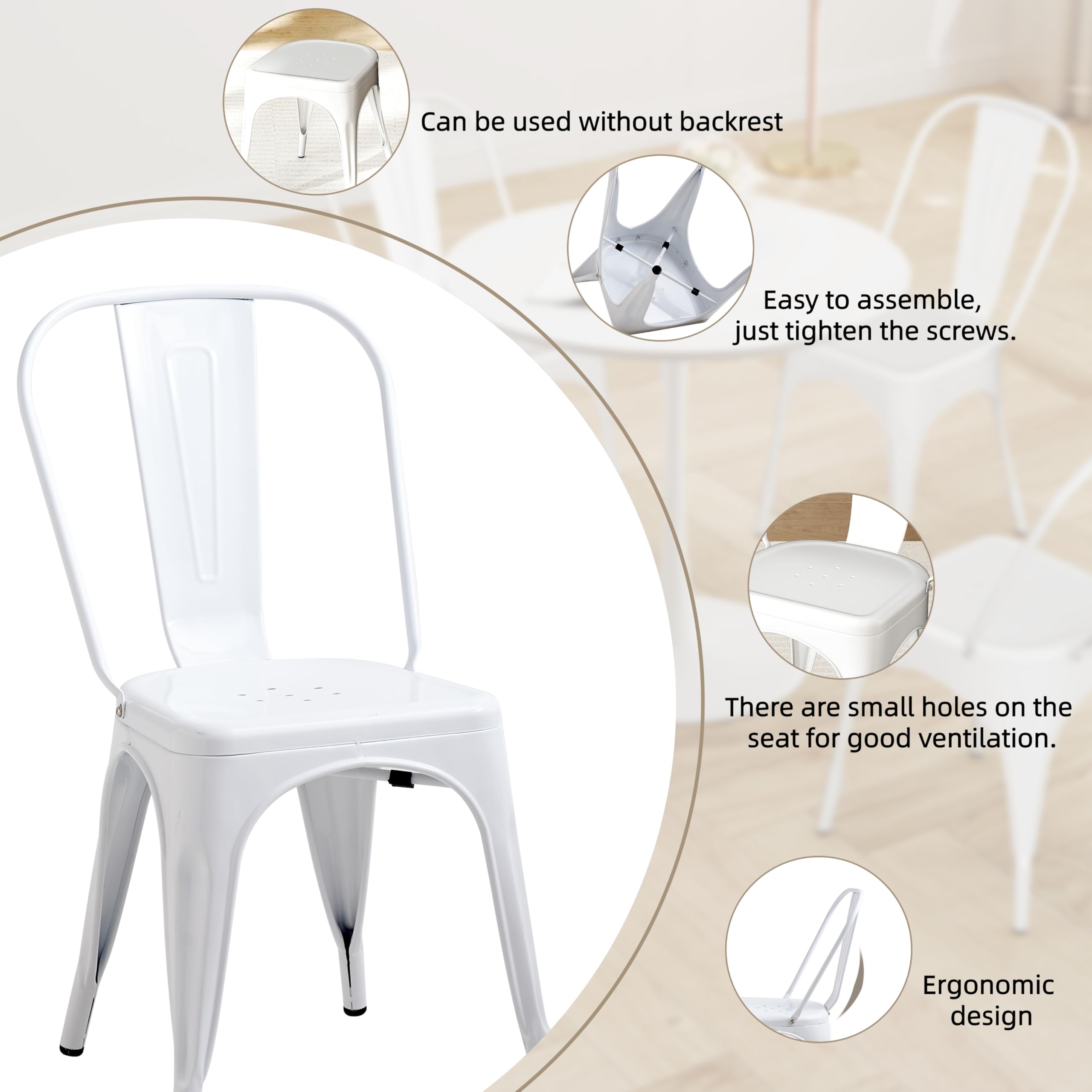 GrandCA HOME Set di 4 Sedie Impilabili in Metallo Sedia da Pranzo Sedia da Bar, Ideale per Sala da Pranzo, Cucina, Bar e Soggiorno, Bianco