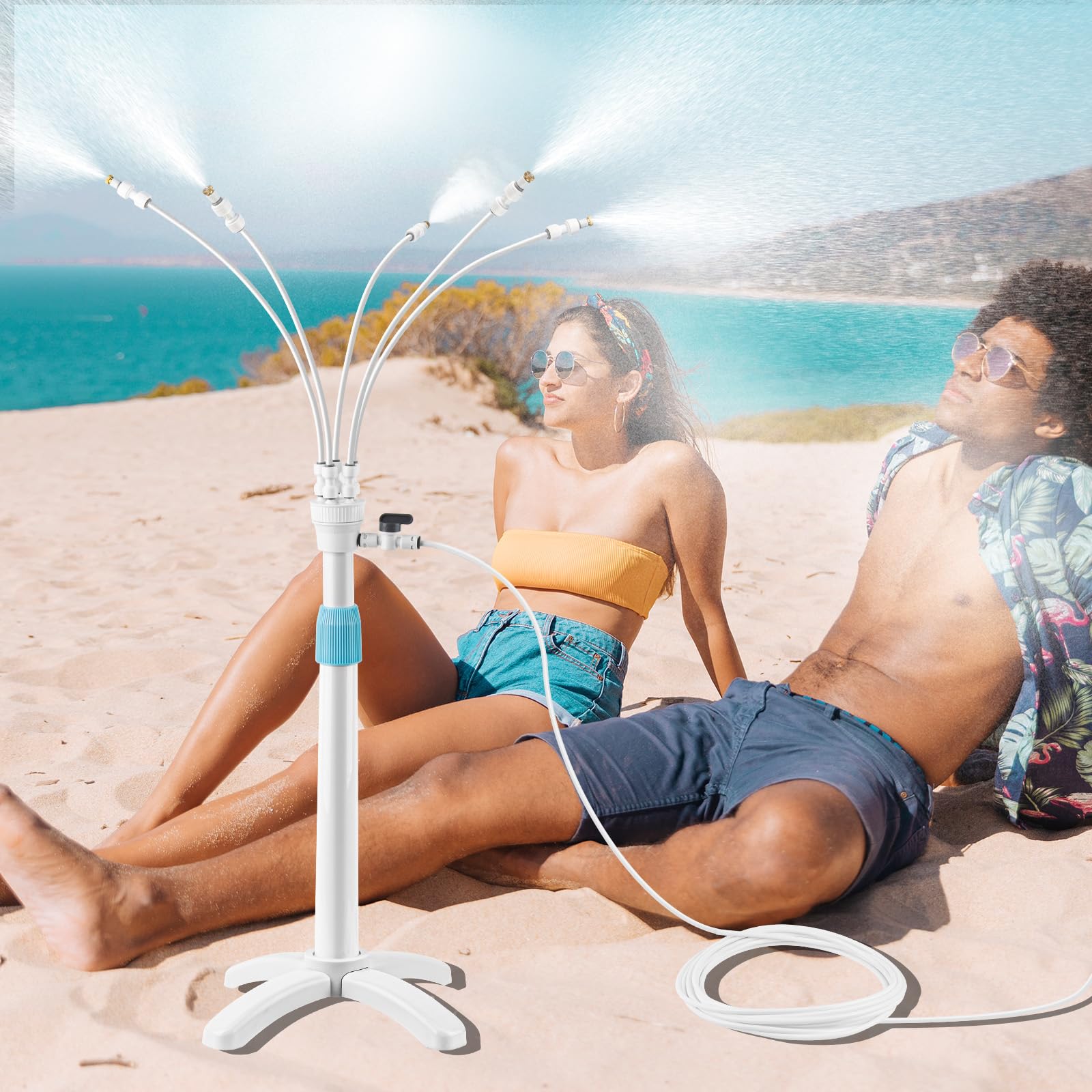 Stehende Sprühnebel Kühlung, 360° Vertikale Wassernebel Misting System, Nebel Sprinkler mit 1 Verlängerungsstange, 5 Nebeldüsen, Stehende Nebelkühlsystem für Garten Outdoor Kühlen Innenhof Pool Partys