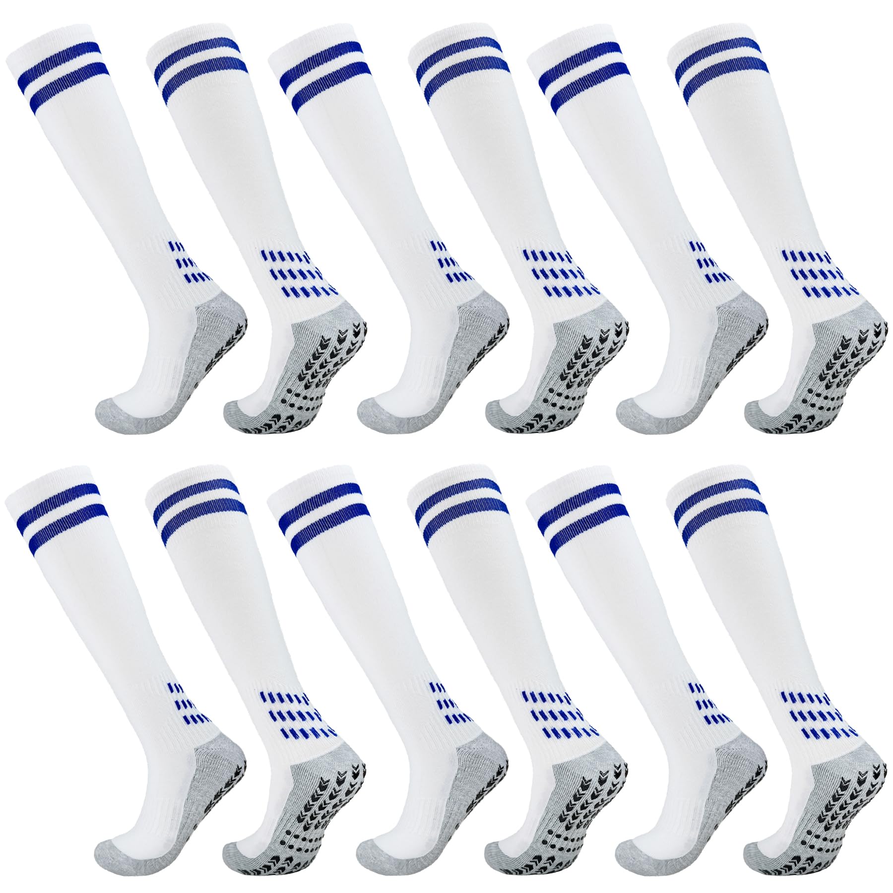 Popuid Kids Soccer Grip Socks with Cushion, Youth Double Stripe Over Knee High Long Football Non Slip Sports Socks 6-12