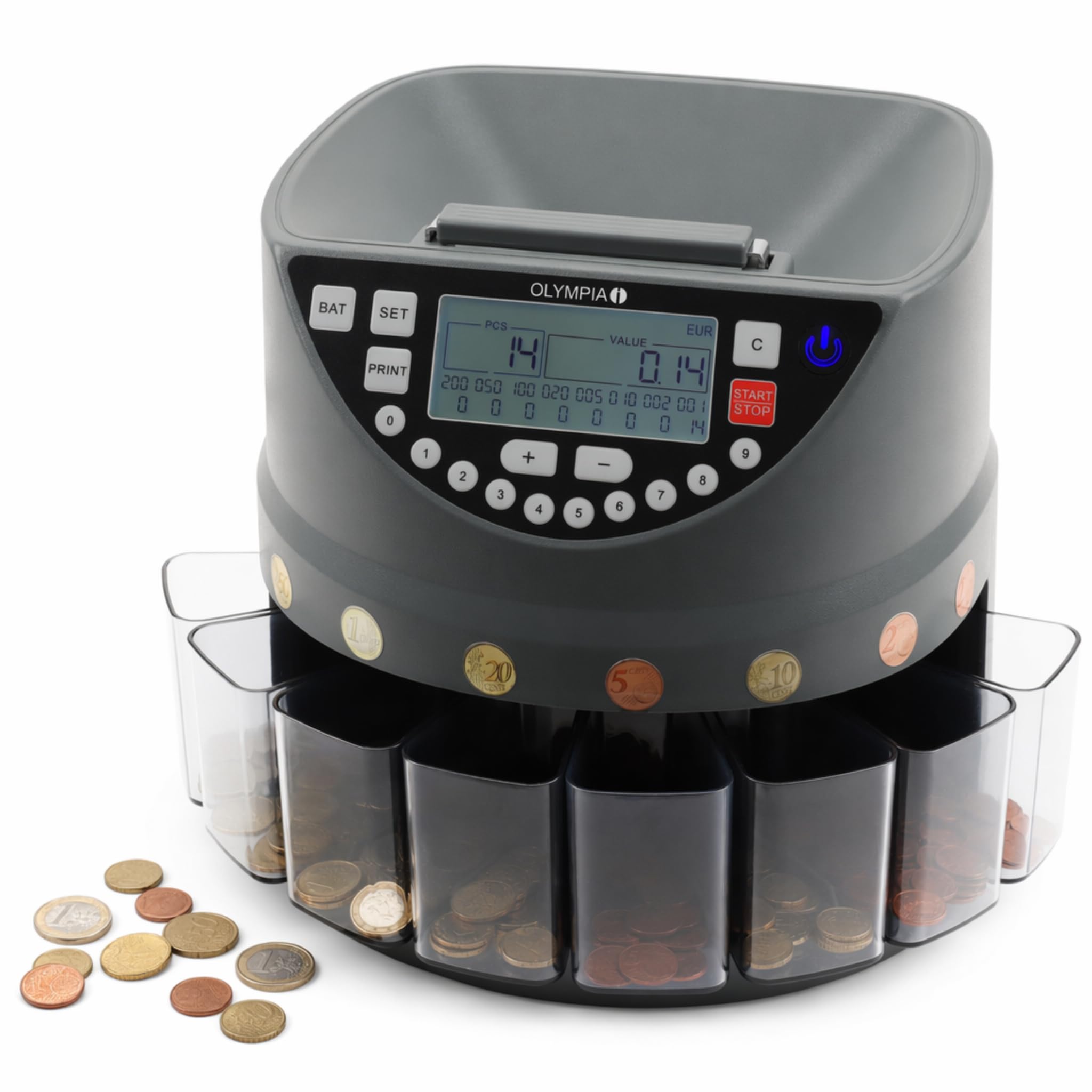 Olympia CC 300 - Contatore per monete in euro, 270 monete al minuto, 8 contenitori per classificazione, display LCD, connettore stampante