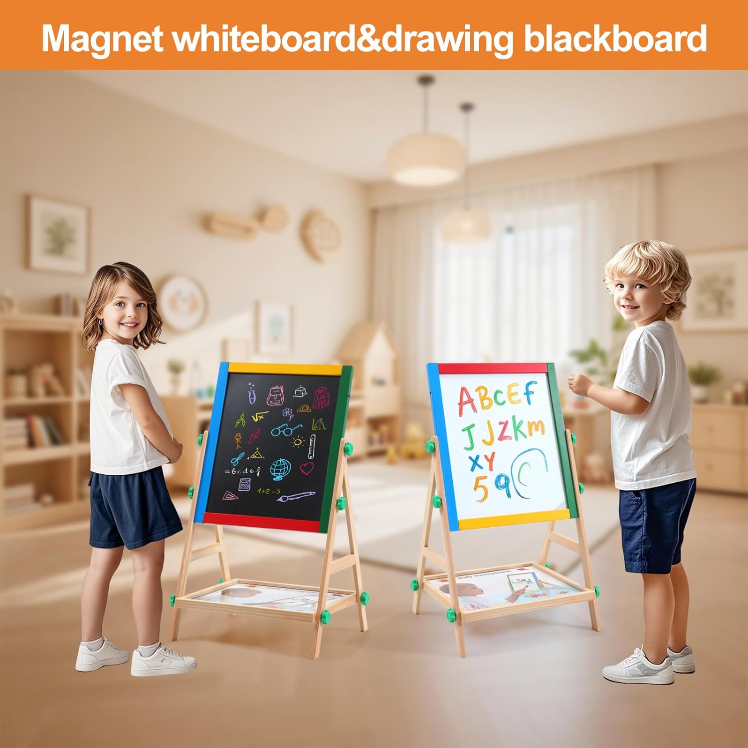 Wooden Art Easel for Kids, 2 in 1 Multi-Functional Double-Sided Adjustable Blackboard/Whiteboard with Storage Tray, Designed for Toddlers' Drawing and Doodling (Magnetic Easel)