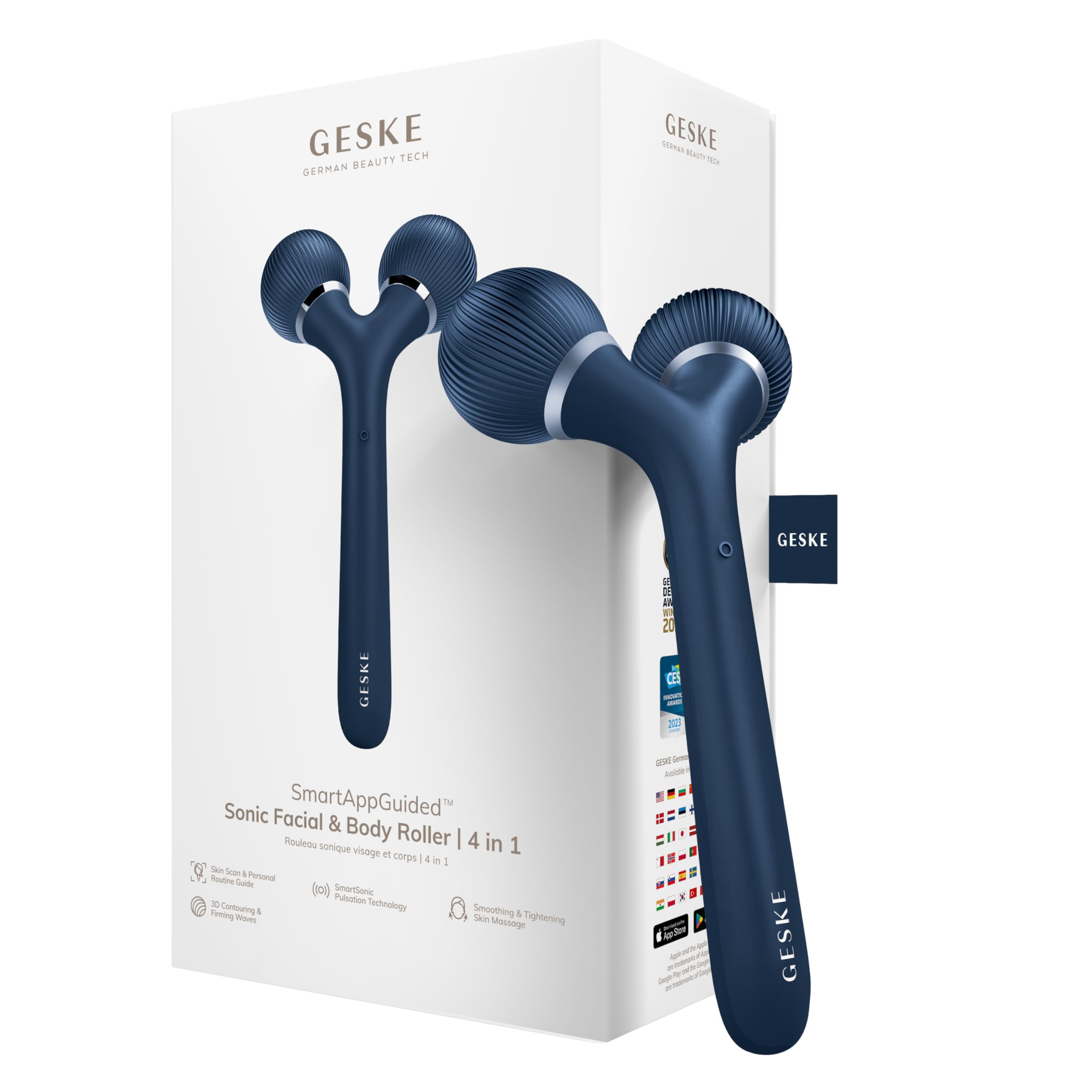 GESKE | SmartAppGuided™ Sonic Facial & Body Roller | 4 in 1 | Derma Roller | Dispositivo per viso e corpo | Roller viso professionale | Rassoda e definisce corpo e viso