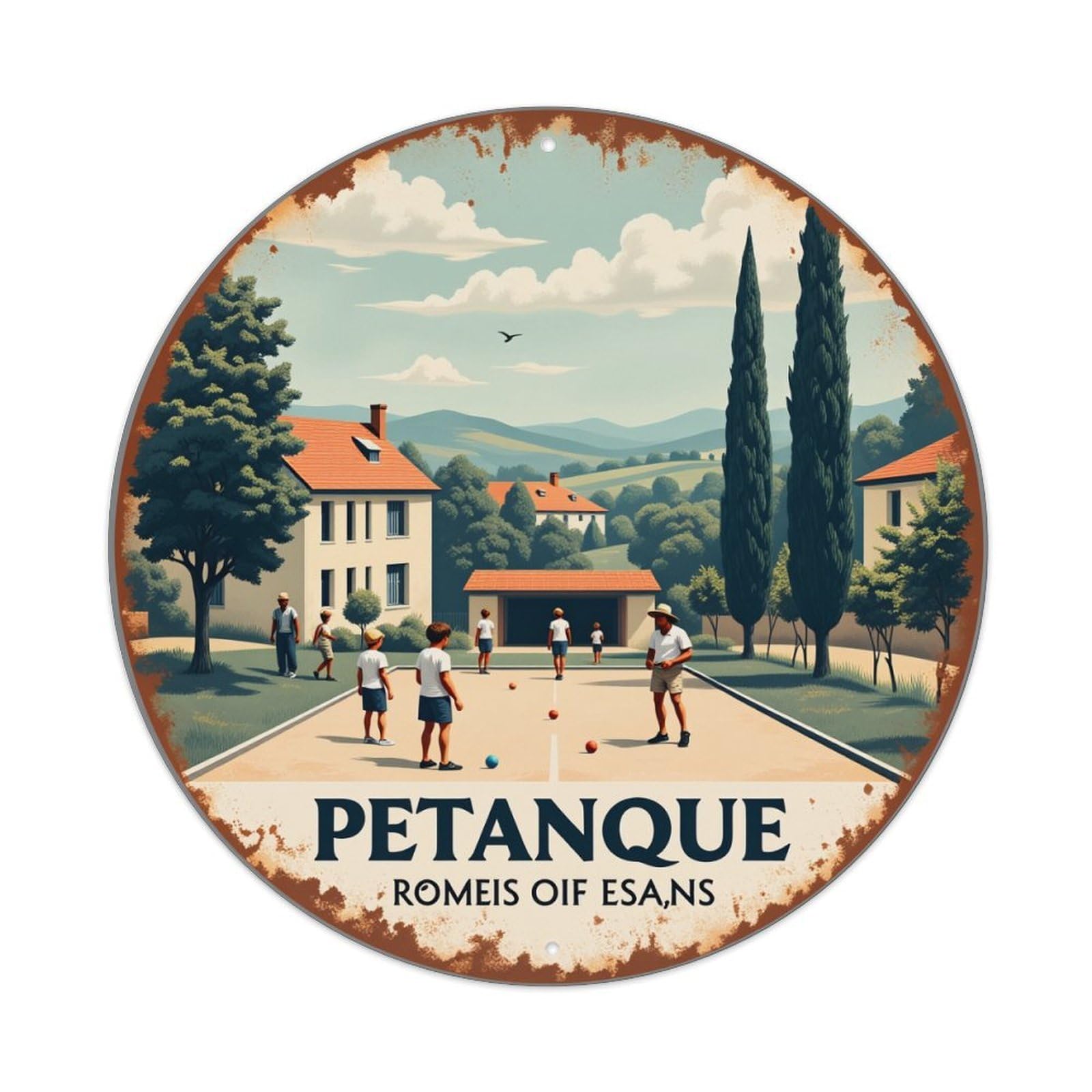 Petanque Game Scene Rural Landscape Round Tin Sign Vintage Style Metal Sign Home Bar Garden Wall Plaque Decor Metal Poster 8x8 Inch