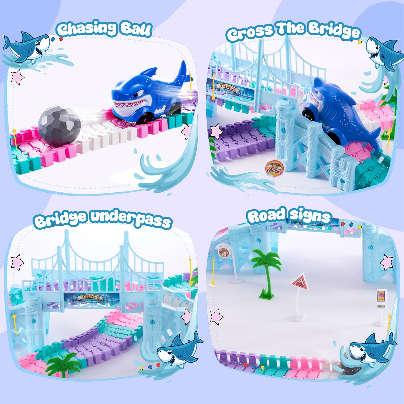 DIY Circuit Licorne 194 PCS – Piste Flexible et Modulable avec Voitures Requin & Balle, Jeu de Construction Créatif, Cadeau Licorne pour Filles et Garçons 3-12 Ans, Idée Cadeau Anniversaire Enfant