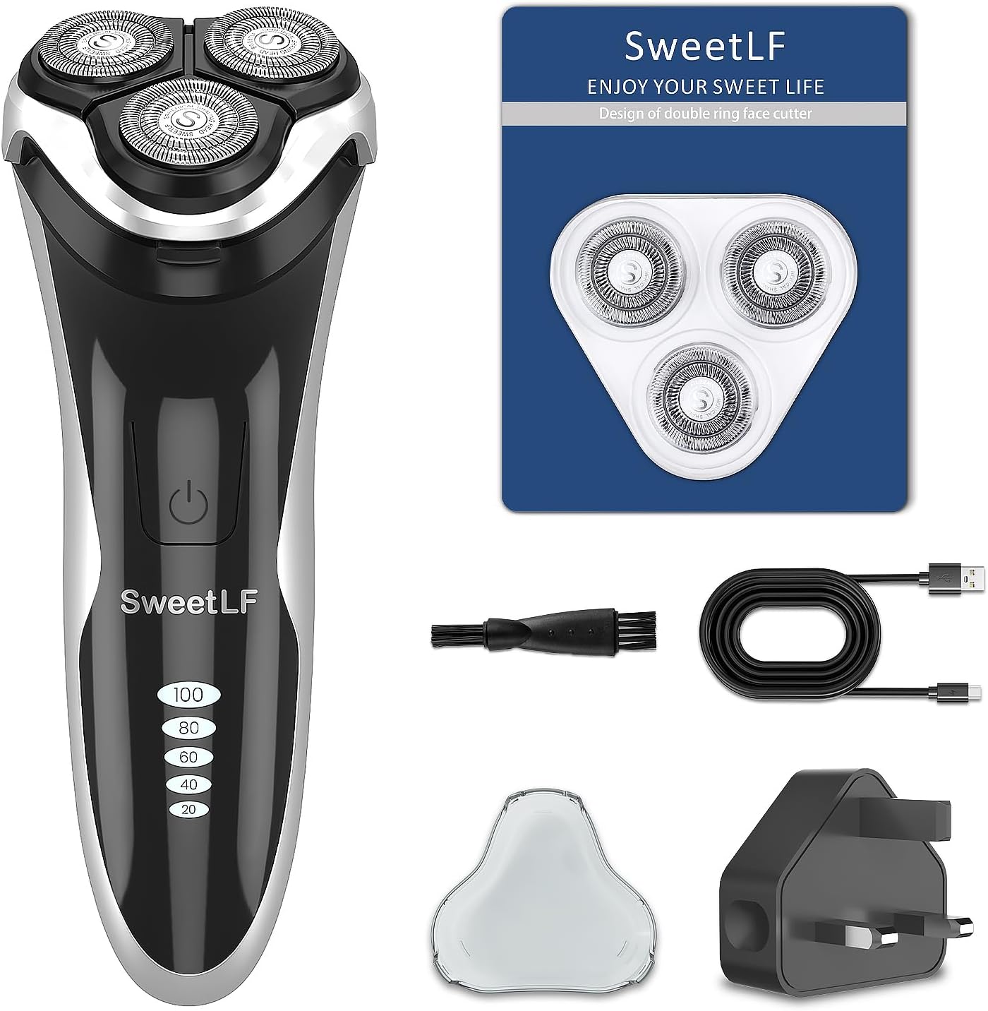 SweetLF Electric Shavers for Men, Rechargeable Cordless Razor, IPX7 Waterproof with Beard Trimmer, LED Display, 3 Replacement Blades, 60-Min Quick Adapter for Home Travel