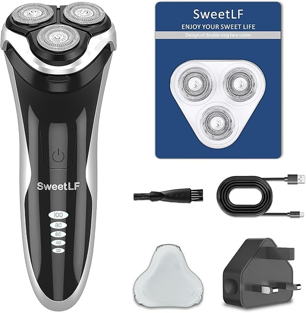 SweetLF Electric Shavers Men Wet and Dry Shaver Rechargeable Cordless Men Razor IPX7 Waterproof with Beard Trimmer LED Display Shaver Net Replacement (3 Blades) 60mins Quick Adapter for Home Travel