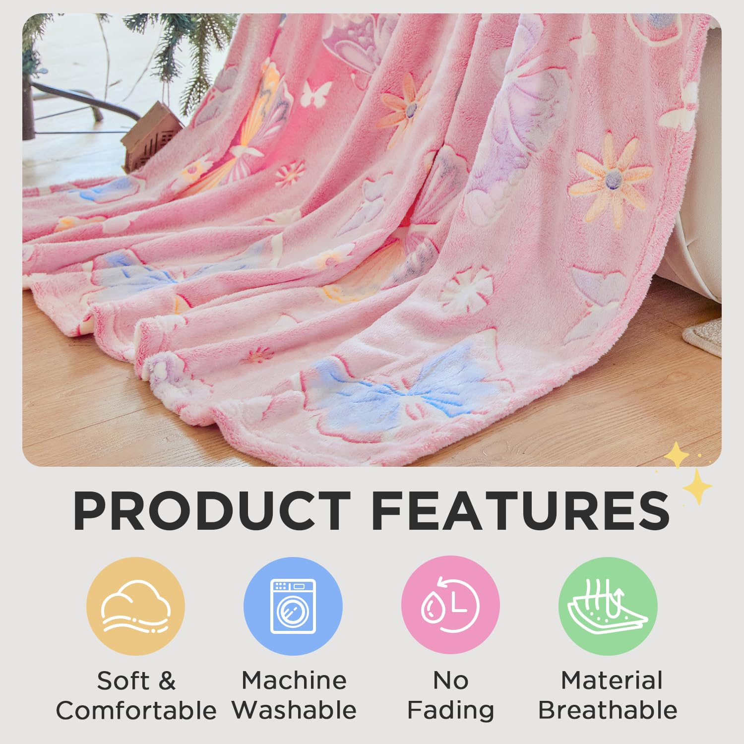 OLAOLA Butterfly Glow in The Dark Blanket for Kids Soft Flannel Throw Blankets Butterflies Gifts for Boys Girls Warm Cosy Sofa Bed Throws (130 x 150cm - Image 2