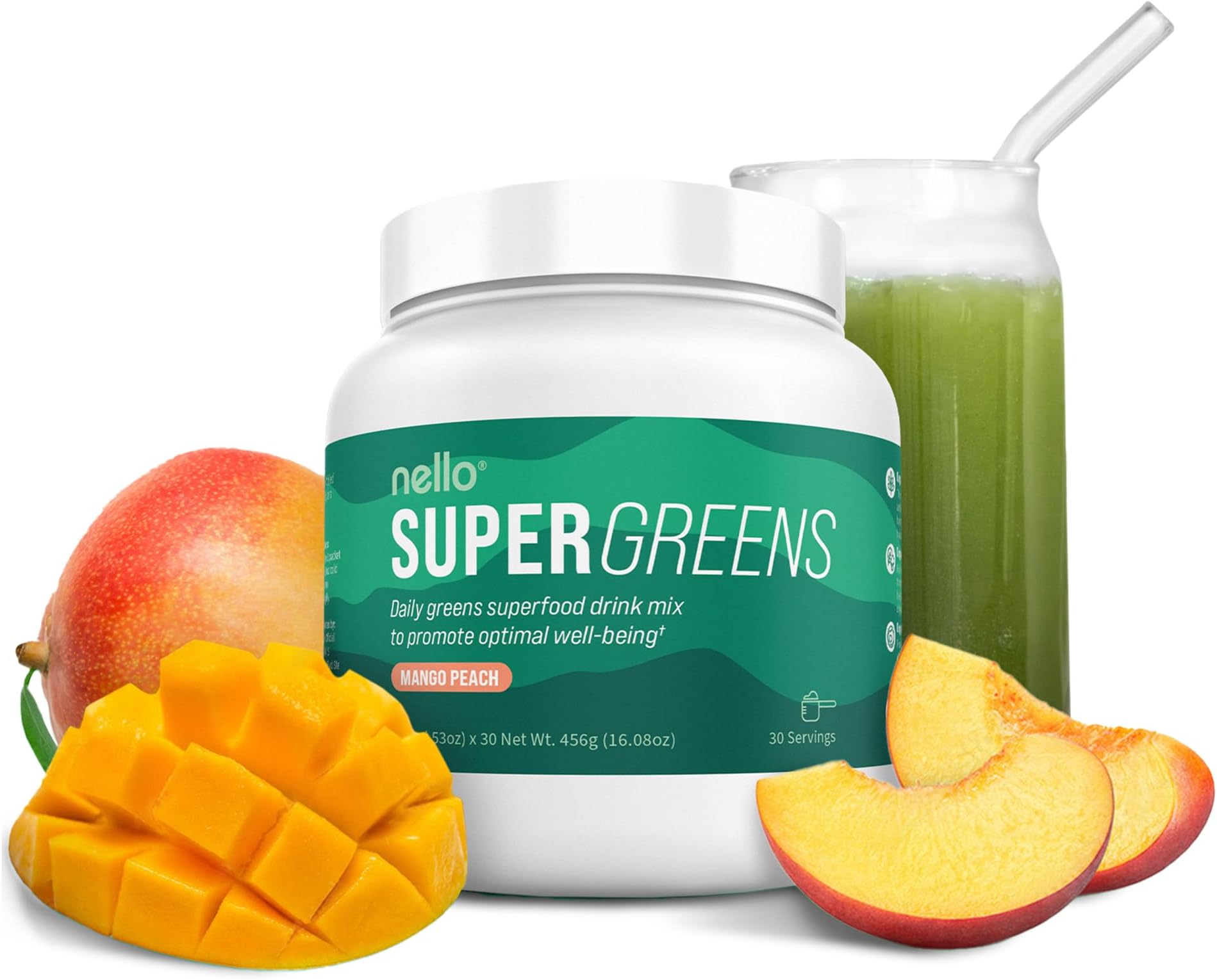 Supergreens - Premium Superfood Greens Drink Mix with Chlorella, Moringa,Spinach, & Broccoli + Digestive Enzymes & Probiotic Blend -Nutrient-Packed Powder for Wellness (Mango Peach, 30 SRV)