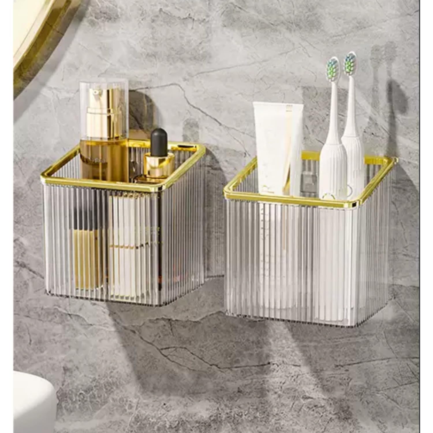 yaocoral Wall Mounted Toothbrush Holder for Bathroom Adhesive Shower Organizer Holder for Tooth Brush,Electric Toothbrush,Toothpaste,Razor,Makeup Brush,Cosmetic,Adhesive Wall Bucket,Set of 2(Gold)