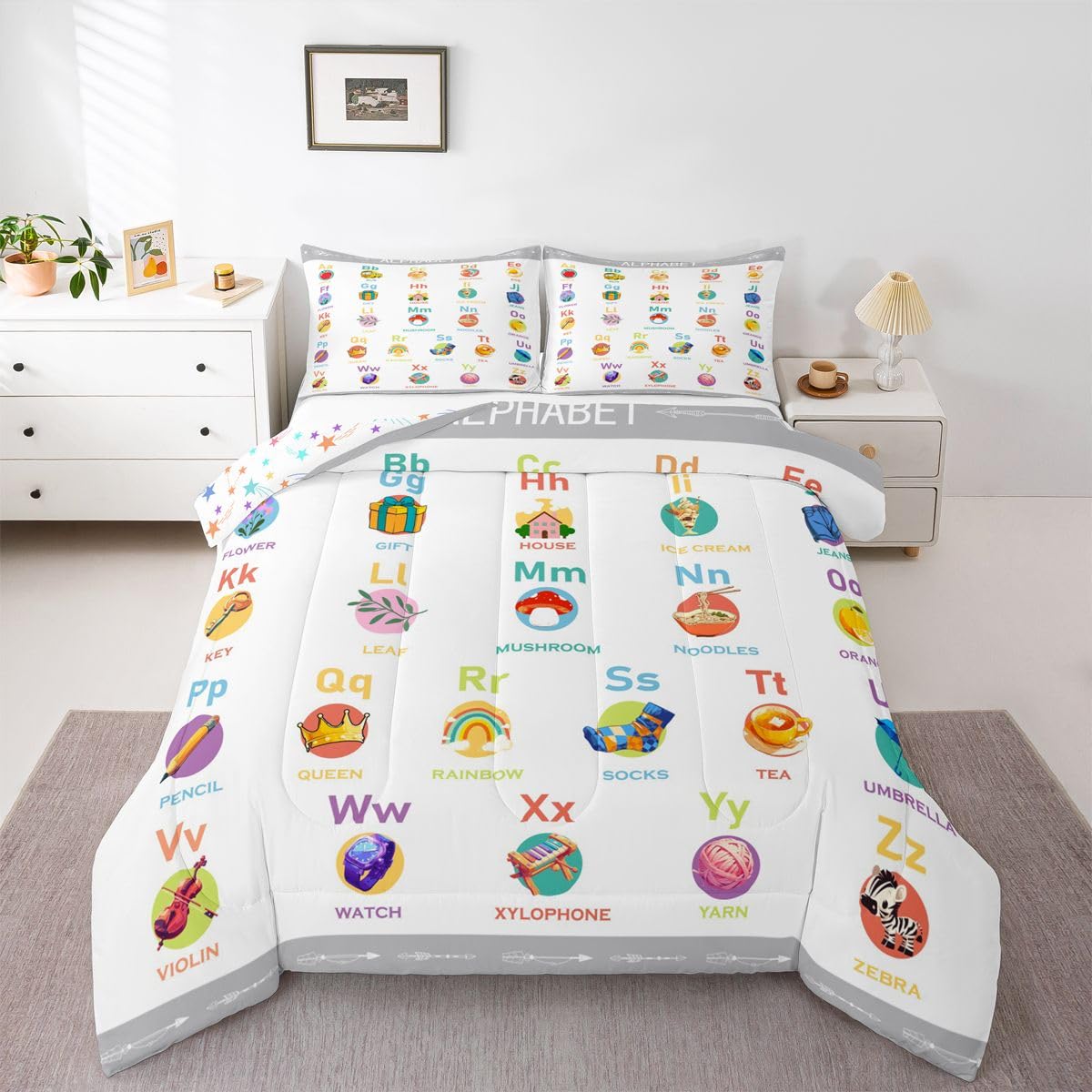 Feelyou ABC Alphabet Bedding Set Queen Size, Cartoon Alphabet Comforter Numbers Alphabet Comforter Set Kids Toddler Educational Learning Duvet Set Microfiber Bed Set