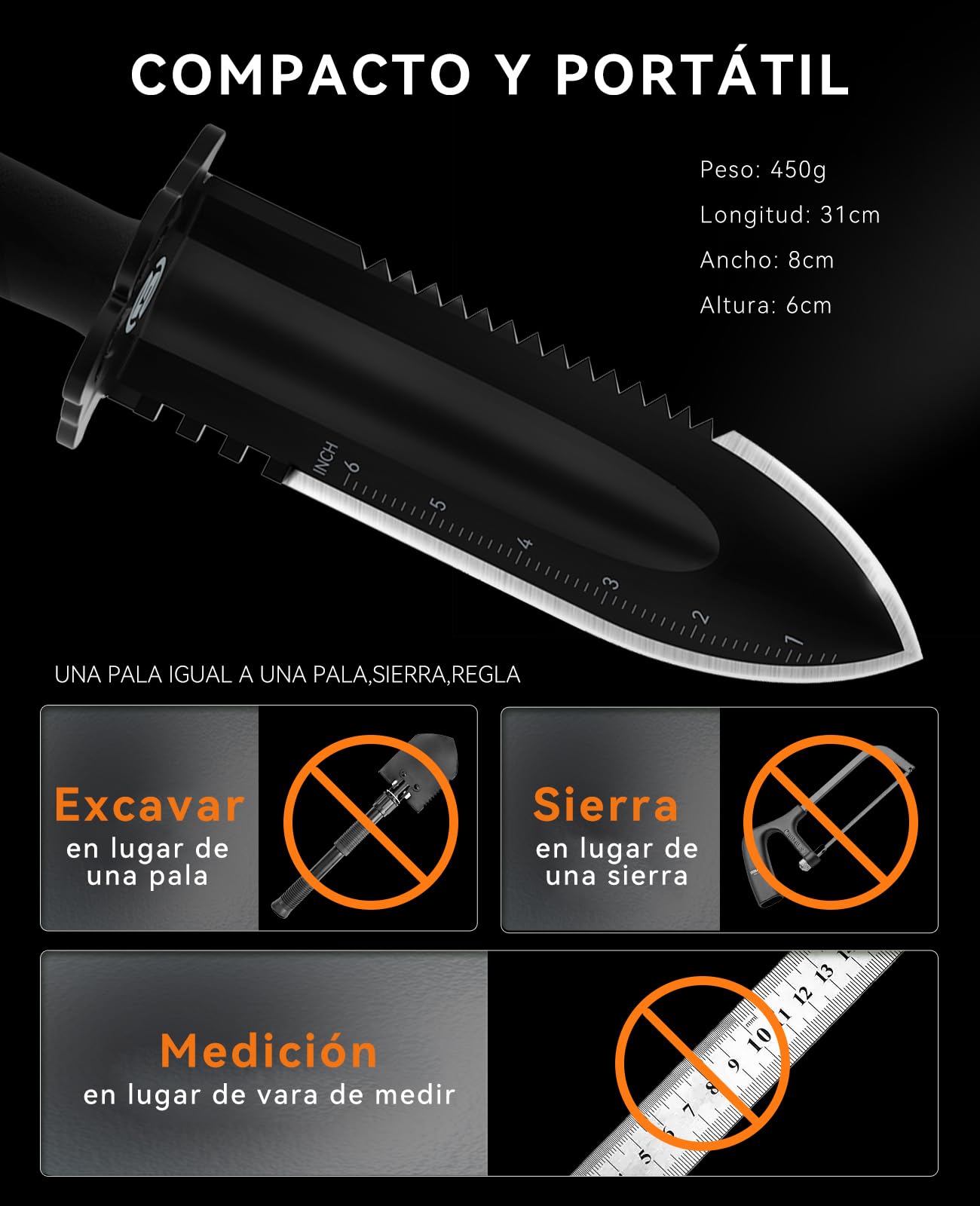 SUNPOW Pala de jardín Resistente con Funda de Transporte: pequeña Pala con Doble Borde dentado, Cuchilla para excavar para jardinería y Acampada, con Escala de medición