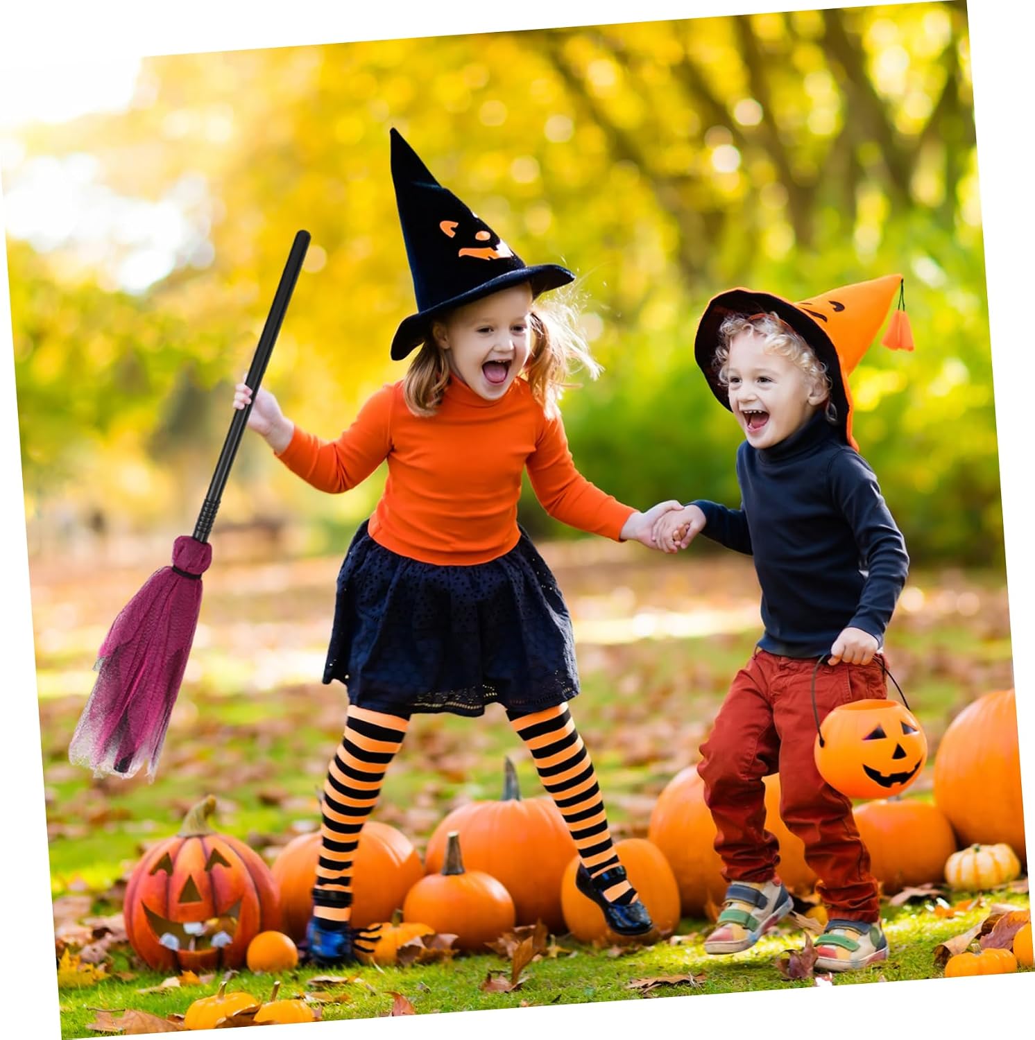 3pcs Halloween Witch Broom Decor Plastic Yarn Broom Props for Costume Party Halloween Witch Toy