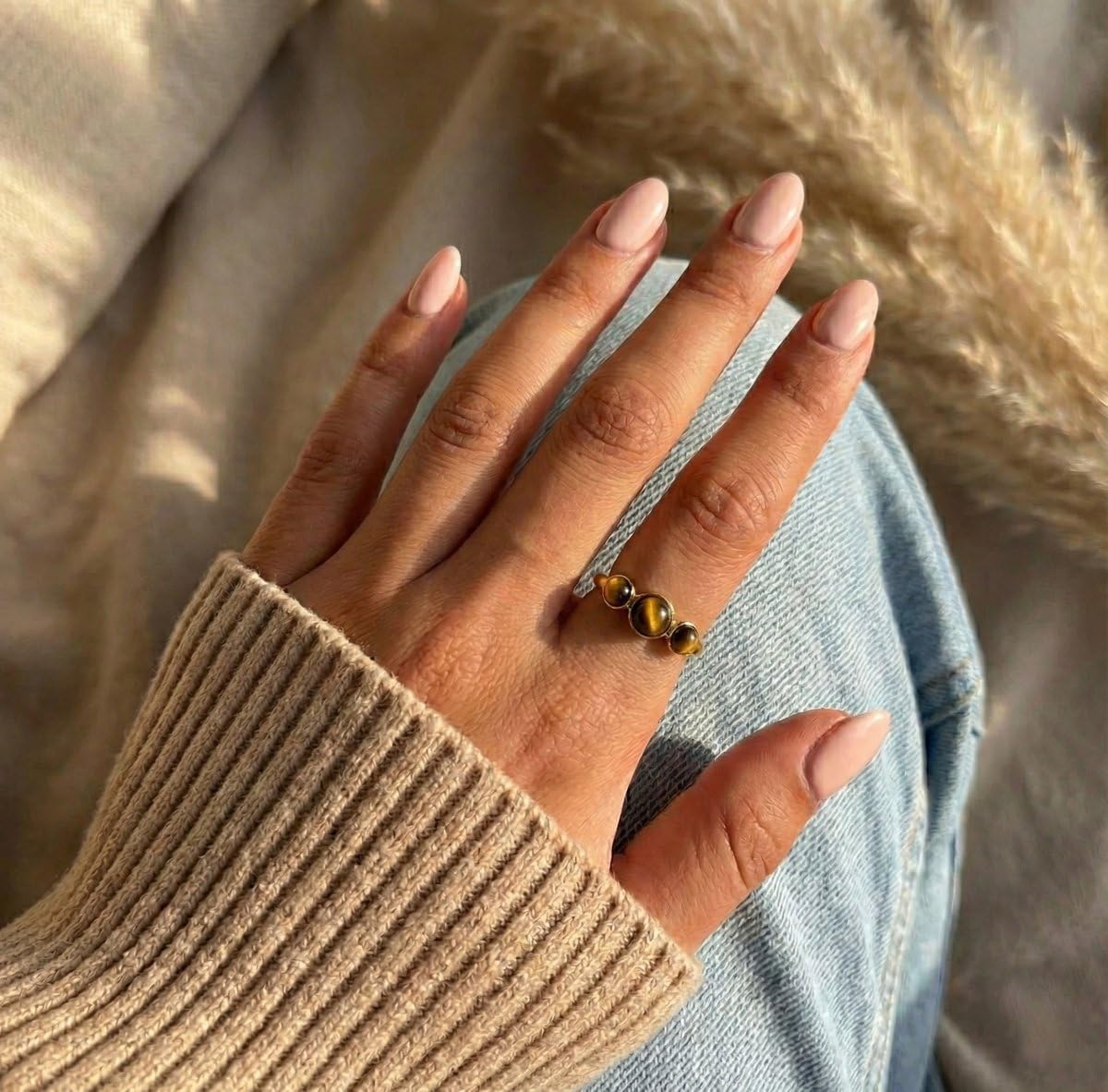 Ring Damen Gold Tigerauge – Statement Edelstein Ring my Style verstellbar – 18K Vergoldet 316L Edelstahl Hypoallergen Wasserfest – Skandinavisches jewellery – Geschenk Frauen Liebe