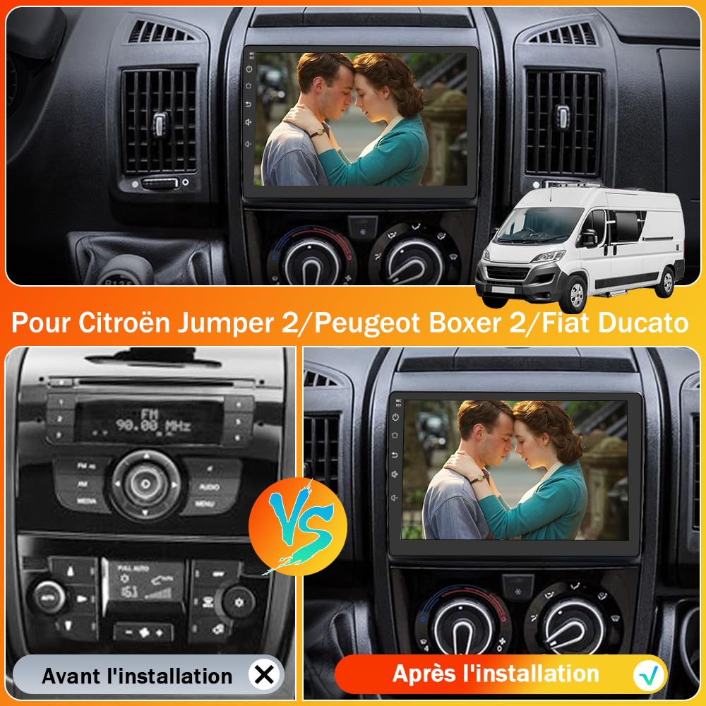 AWESAFE Autoradio [6Go+128Go] pour Peugeot Boxer II/Citroën Jumper II/Fiat Ducato Android 13 avec 4G Carplay Android Auto 9 Pouces GPS WiFi USB FM Bluetooth Commande au Volant