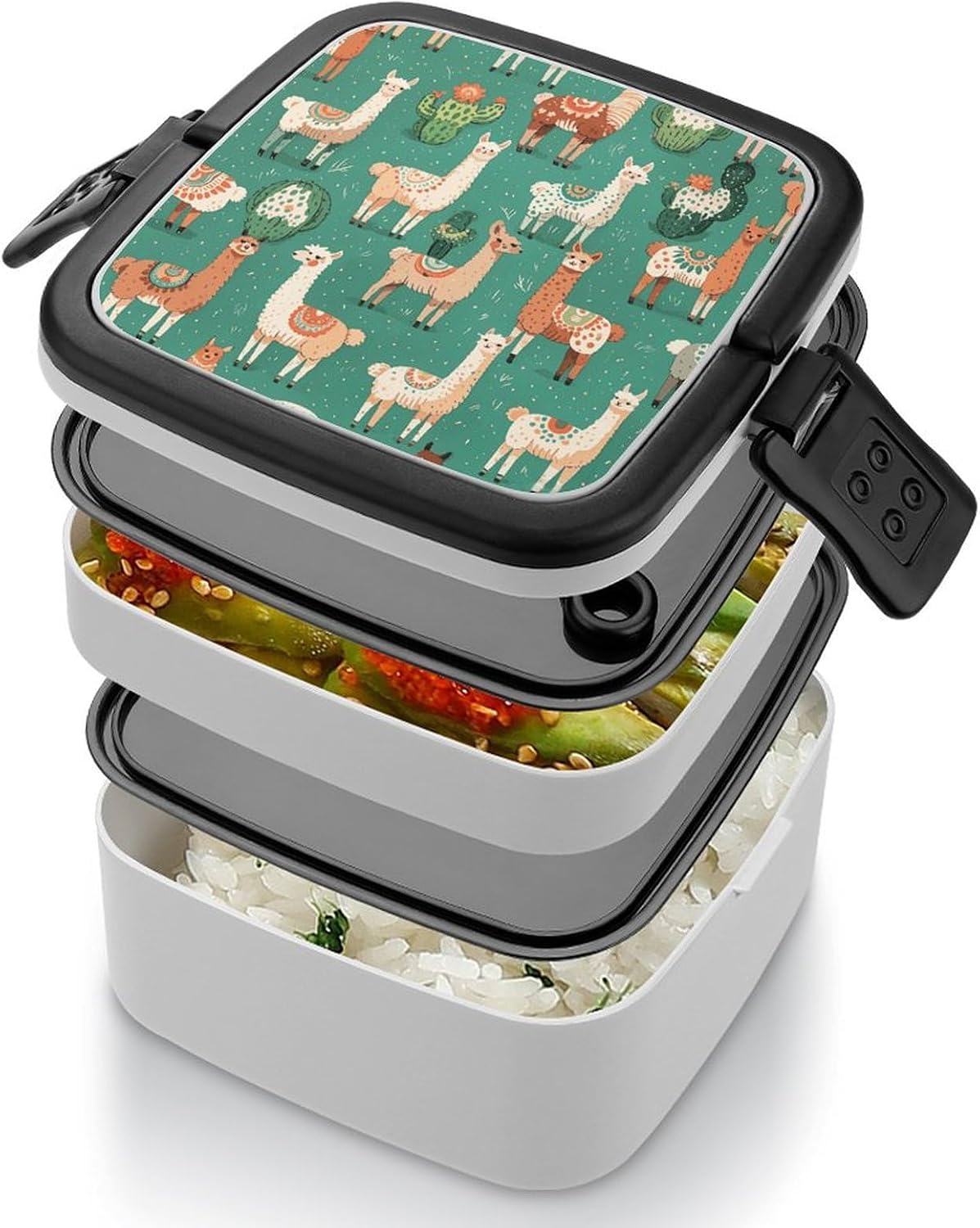 Bento Box with Spoon And Handle Alpaca Cactus Printed Stackable Bento Box Portable Bento Lunch Box Container for Work Camping And Travel