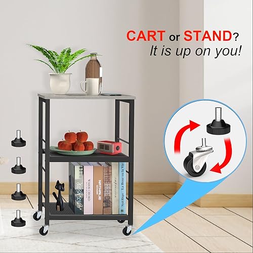 Miniatura 4 de MOOACE Mesa auxiliar rústica de 3 niveles con ruedas, mesa auxiliar para dormitorio, cocina, sala de estar y oficina, marco de metal estable, parte