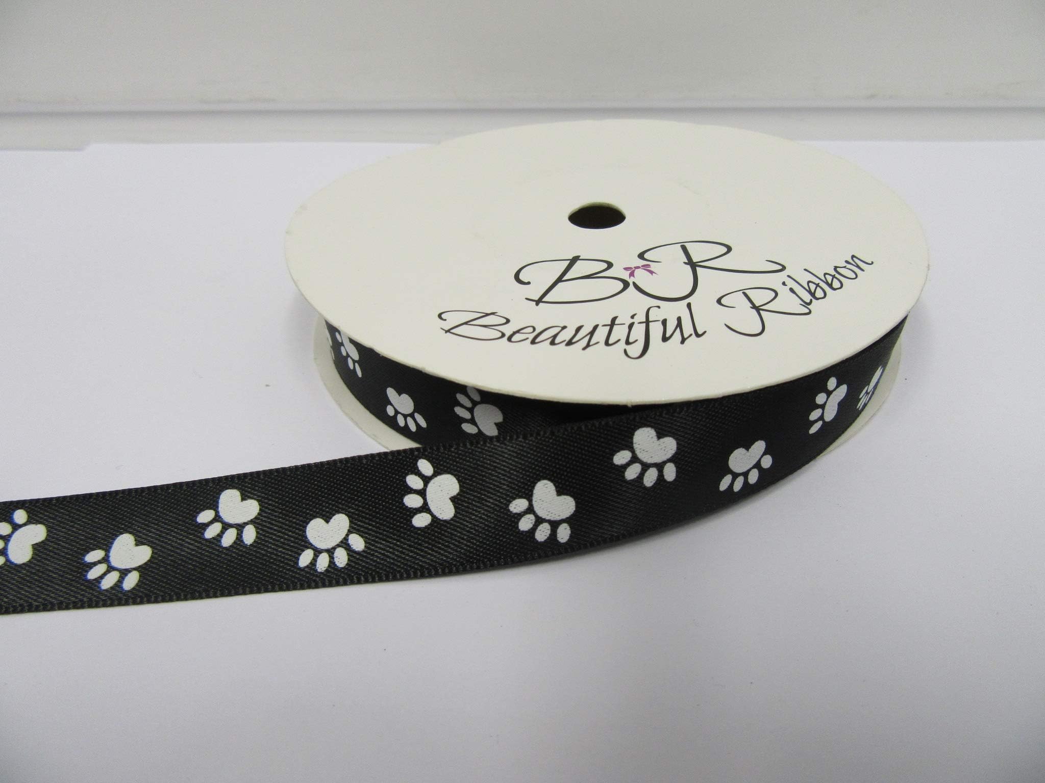 2 metres of 15mm Bright Pink with Black Paw Print Satin Ribbon Dog Cat ...