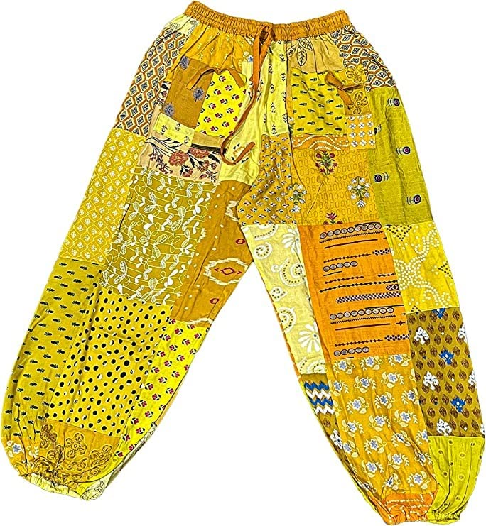 RAJBHOOMI HANDICRAFTS Patchwork Harem Pants with Pockets, Hippie Boho Rayon Festival Clothing Super Comfy Unisex Harem Pant with Pockets (Yellow)