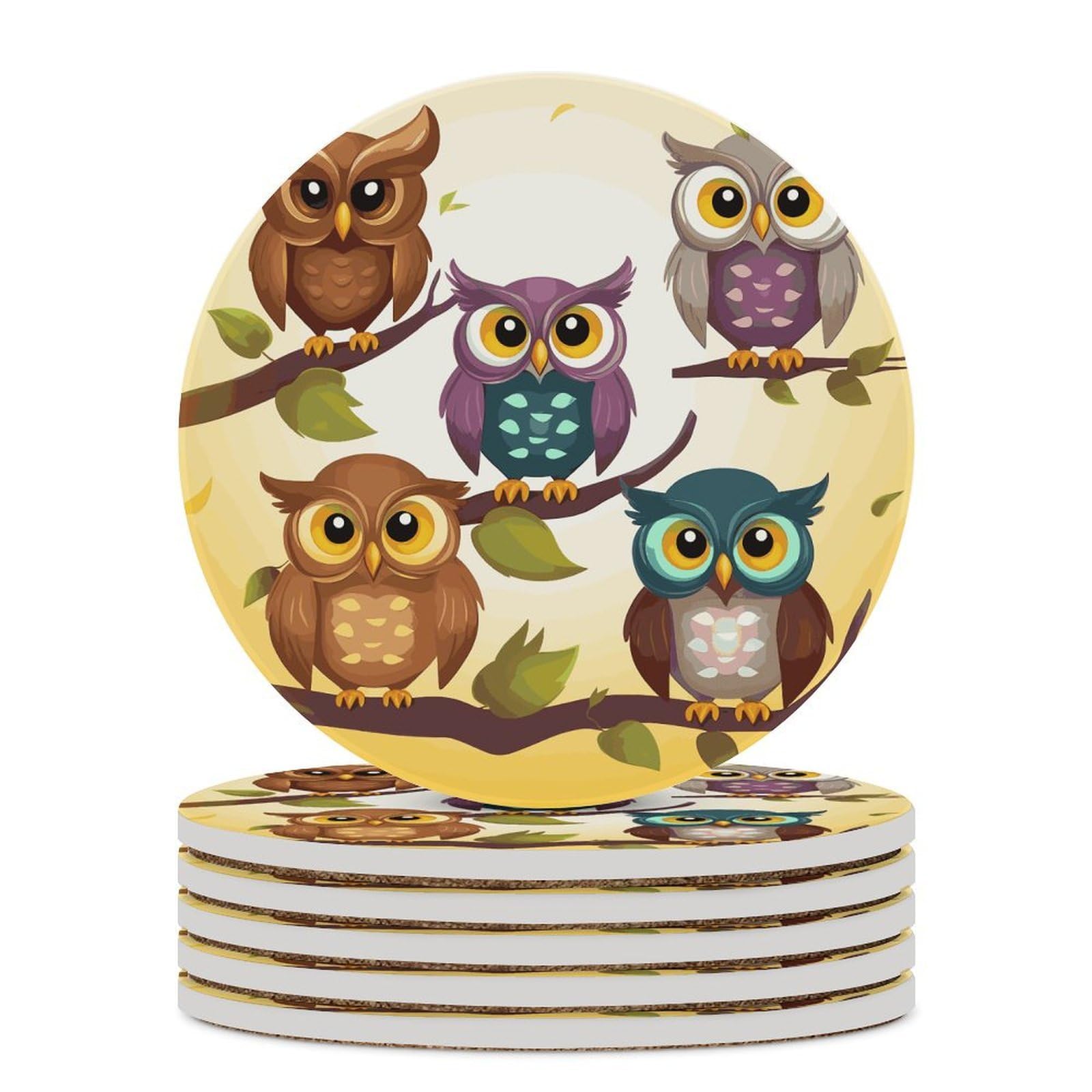 Owls Birds Coaster with Cork Base Drink Coasters for Coffee Table Decor Modern Cup Coasters with Non-Slip & Heat-Resistant Cute Ceramic Table Coaster for Home Dining